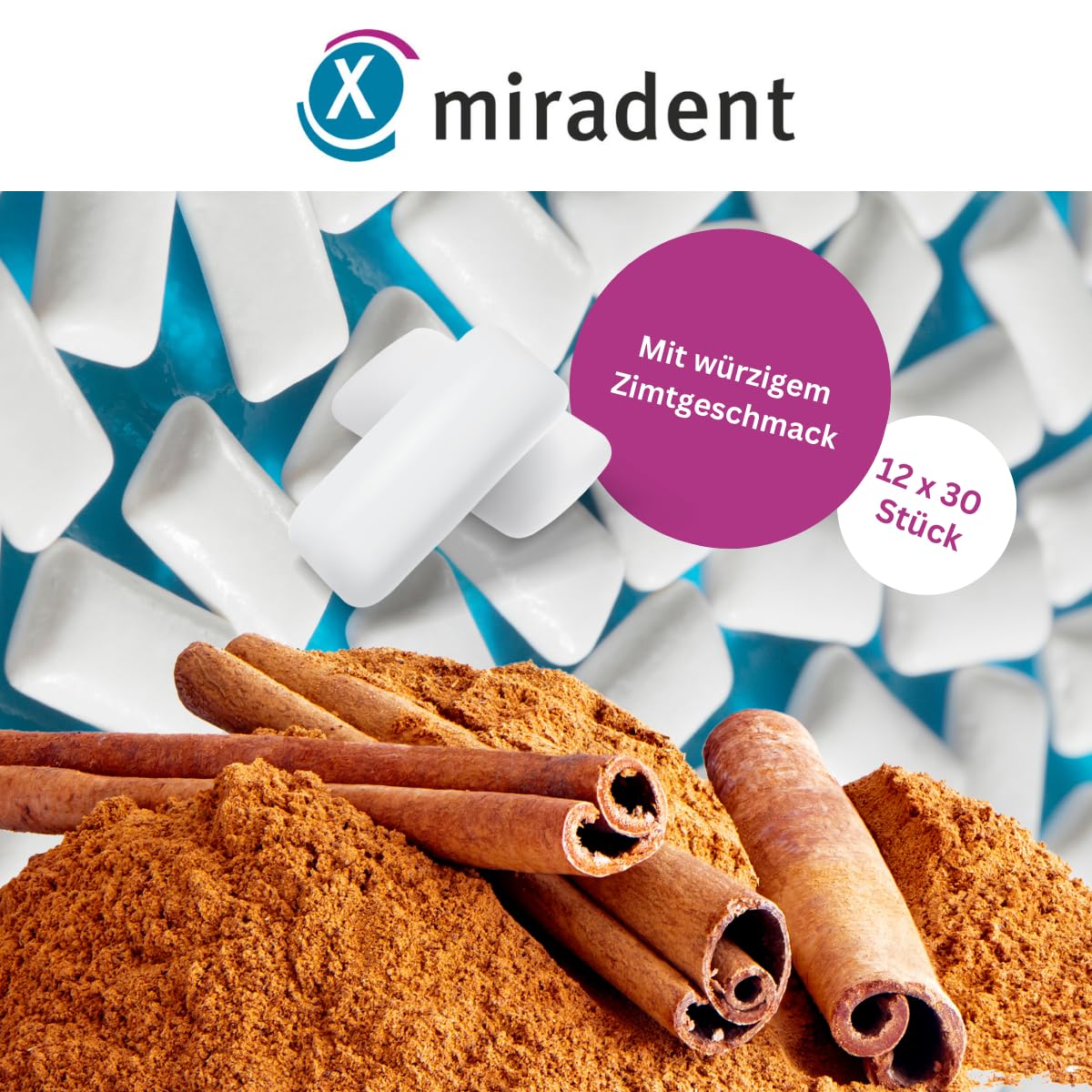 miradent Xylitol Zahnpflegekaugummi Zimt Display 12 St. | würziger Geschmack | zuckerfrei | vegan | kariespräventiv | für unterwegs