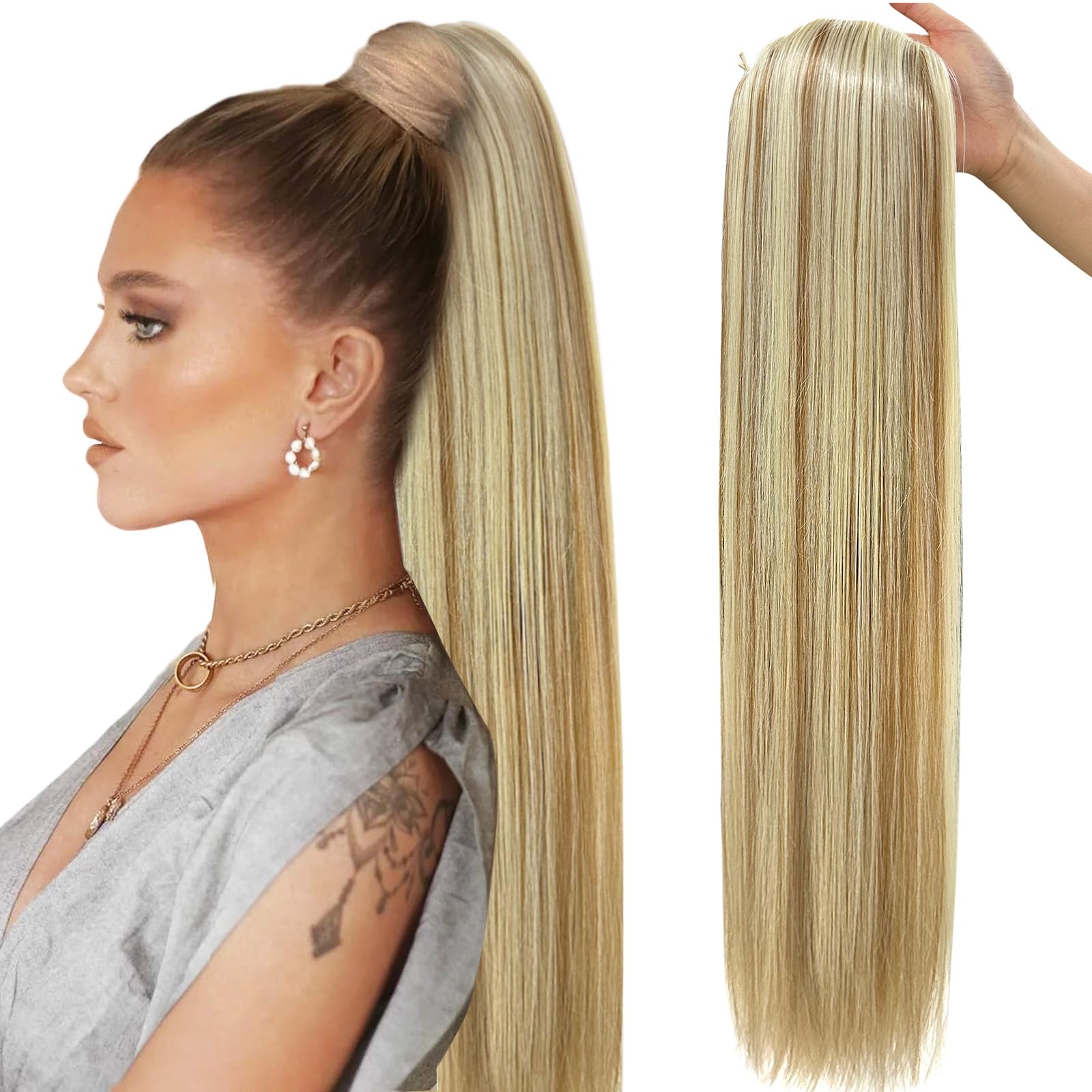 BHF 32" +30” Organic Ponytail-Extensions Long Straight Drawstring Black - Hair Extensions Ponytail Extra Long Clip in Hairpieces for Women (6.7OZ) (32in-Straight ponytail, P18/613)