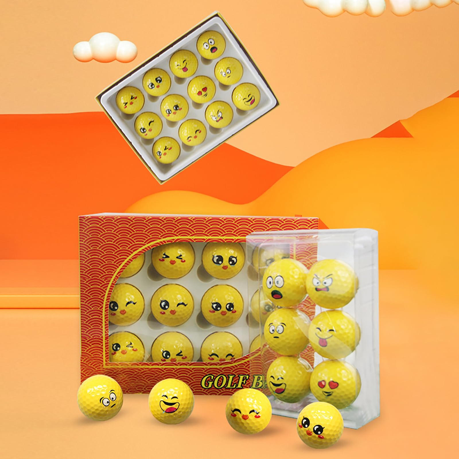 12 Stück Neuheit Übungs Golfball, lustig, gelb, Übungs Golfball, schöne Emotion, Gesicht, Golfzubehör, lustig