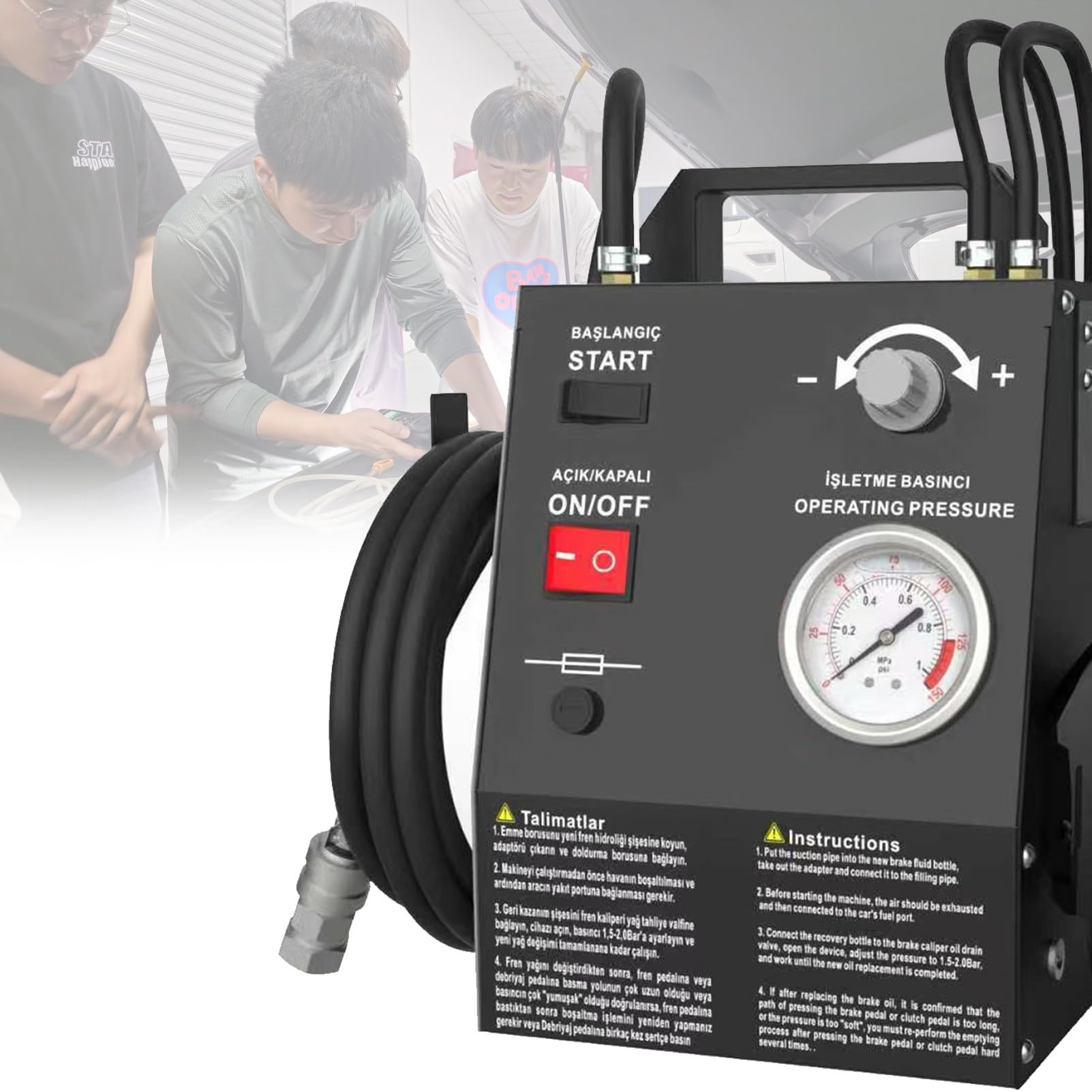 Automatyczny zestaw do odpowietrzania hamulców, wymienniki płynu hamulcowego sterowane impulsowo, z adapterem 16 do cylindra głównego, do pojazdów benzynowych. PackageA-Black