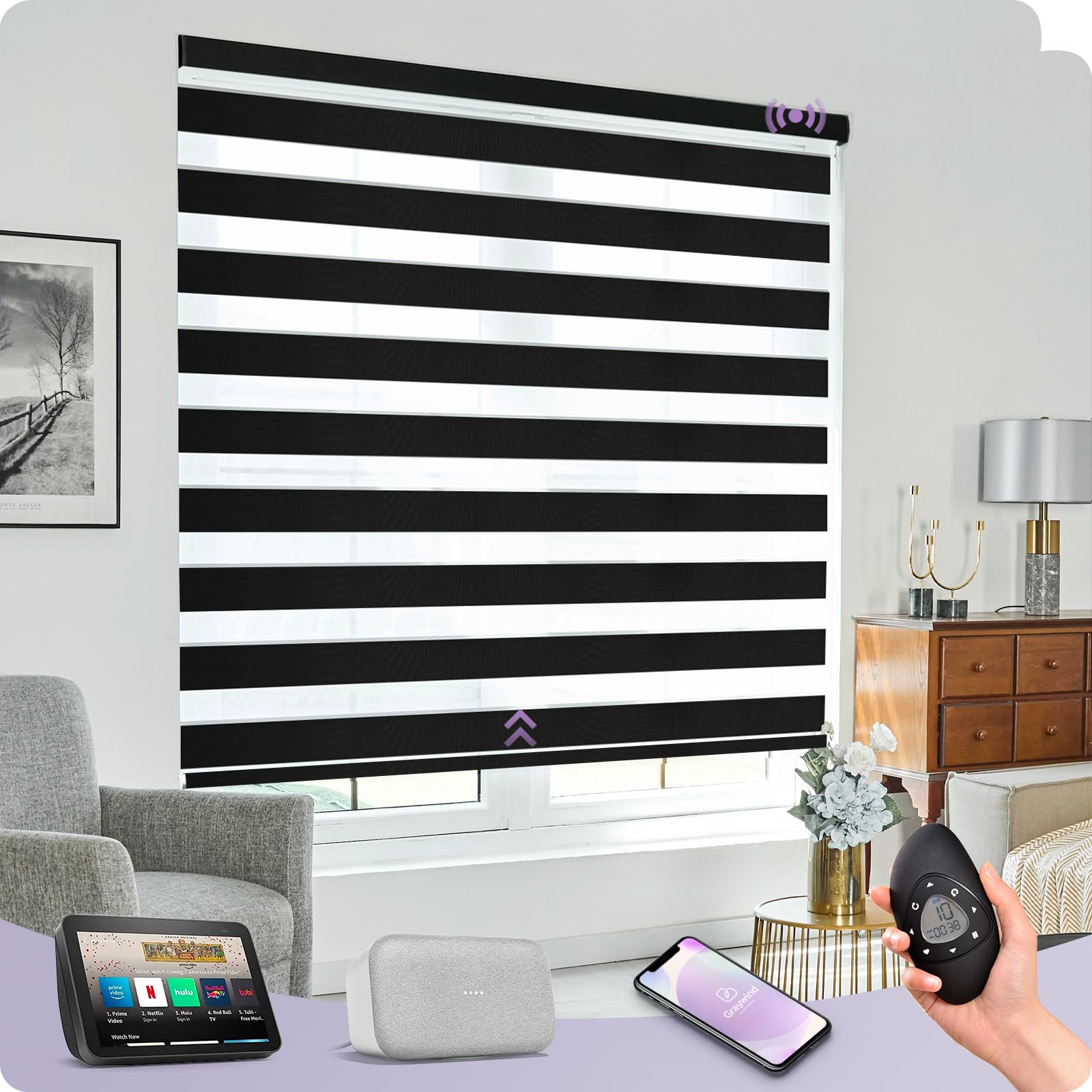 Graywind Motorized Zebra Sheer Blinds Compatible with Alexa Horizontal Light Filtering Window Shades Remote Roller Blinds with Valance for Smart Home and Office, Customized Size (Luxury Black)