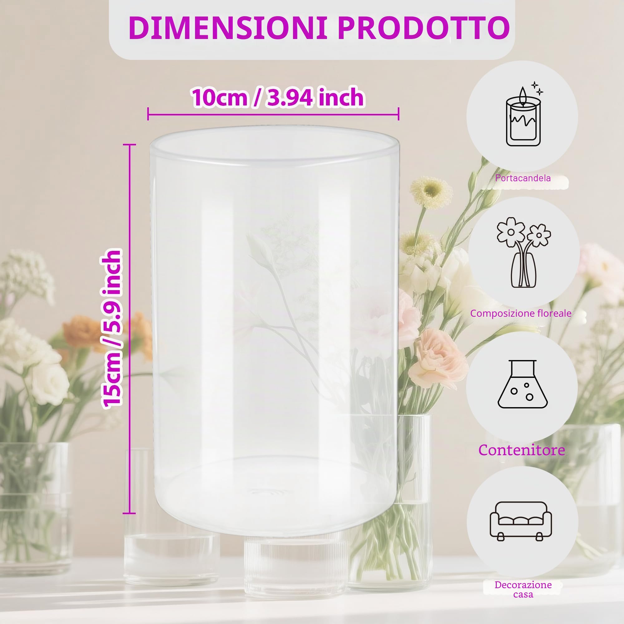 3 Pezzi di Vaso Cilindrico in Vetro Alto 15 cm, Ø 10 cm, Vasi in Vetro Trasparente per Fiori, Cilindro, Vaso da Tavolo per Fiori, Candele Galleggianti, Piante Verdi