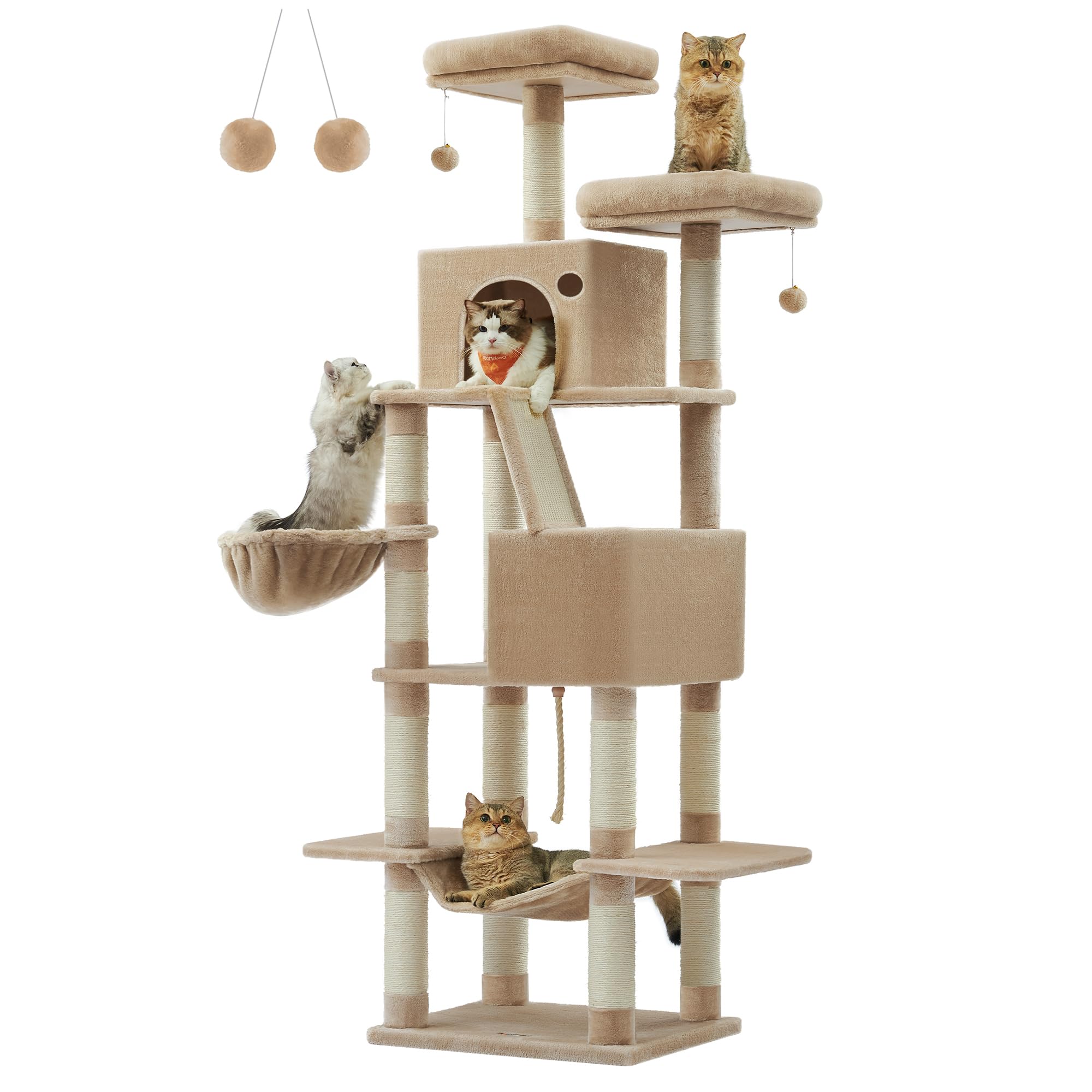 Feandrea Cat Tree, 206 cm Large Cat Tower with 13 Scratching Posts, 1 Scratching Ramp, 2 Perches, 2 Caves, Basket, Hammock, Pompoms, Multi-Level Plush Cat Condo for Indoor Cats, Camel Brown PCT190K01