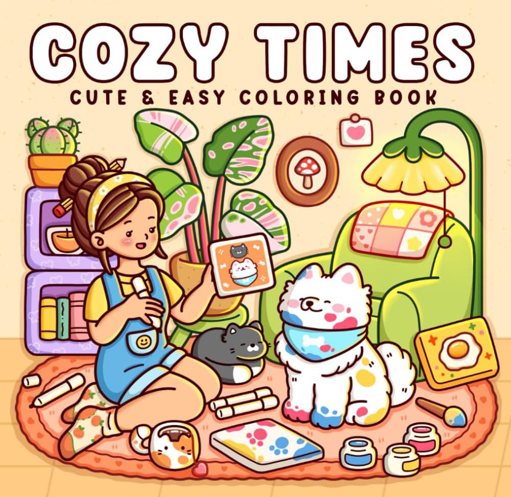 BananaHome Cute & Comfy Coloring Book for Adults and Teens Cozy Spaces Coloring Book Featuring Super Cute Animal or Goods Characters with Easy and Simple Designs for Relaxation (Cozy Times)