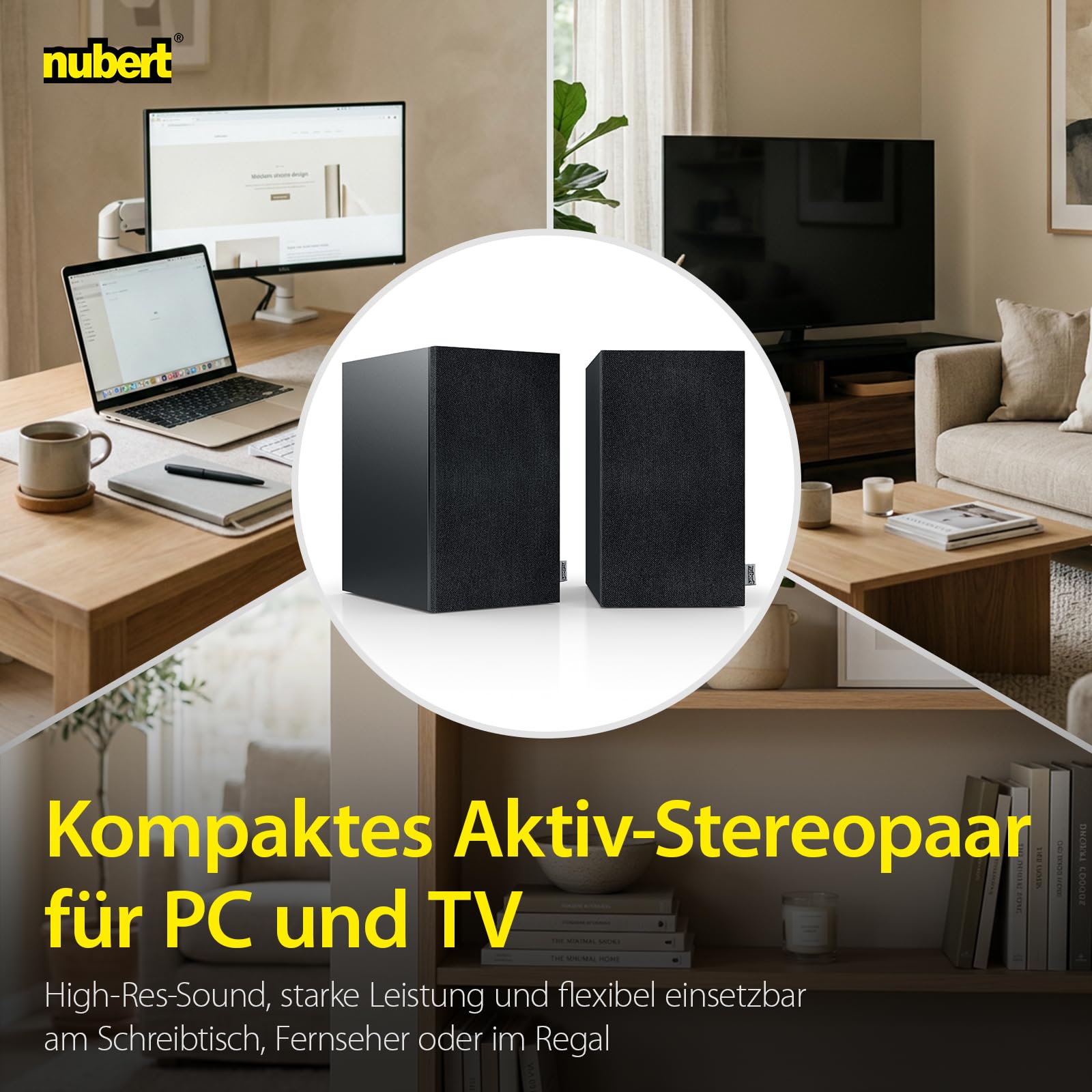 Nubert nuBoxx A-125 pro | Schwarzes PC-Lautsprecherpaar | 2 Stück Kompaktlautsprecher für Homeoffice | PC-Lautsprecher mit Bluetooth aptX HD| PC-Lautsprecher mit USB-C | Aktivboxen mit 2 Wege Technik