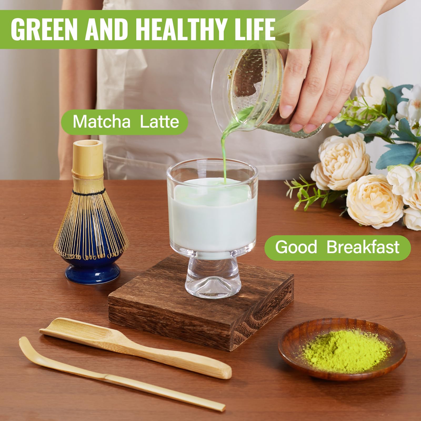 Set Té Matcha | Kit Tradicional 4 Piezas con Batidor de Bambú Natural (100 Puntas), Soporte Cerámico Azul Marino, Chashaku, Espátula y Bolsa de Lino Ecológica