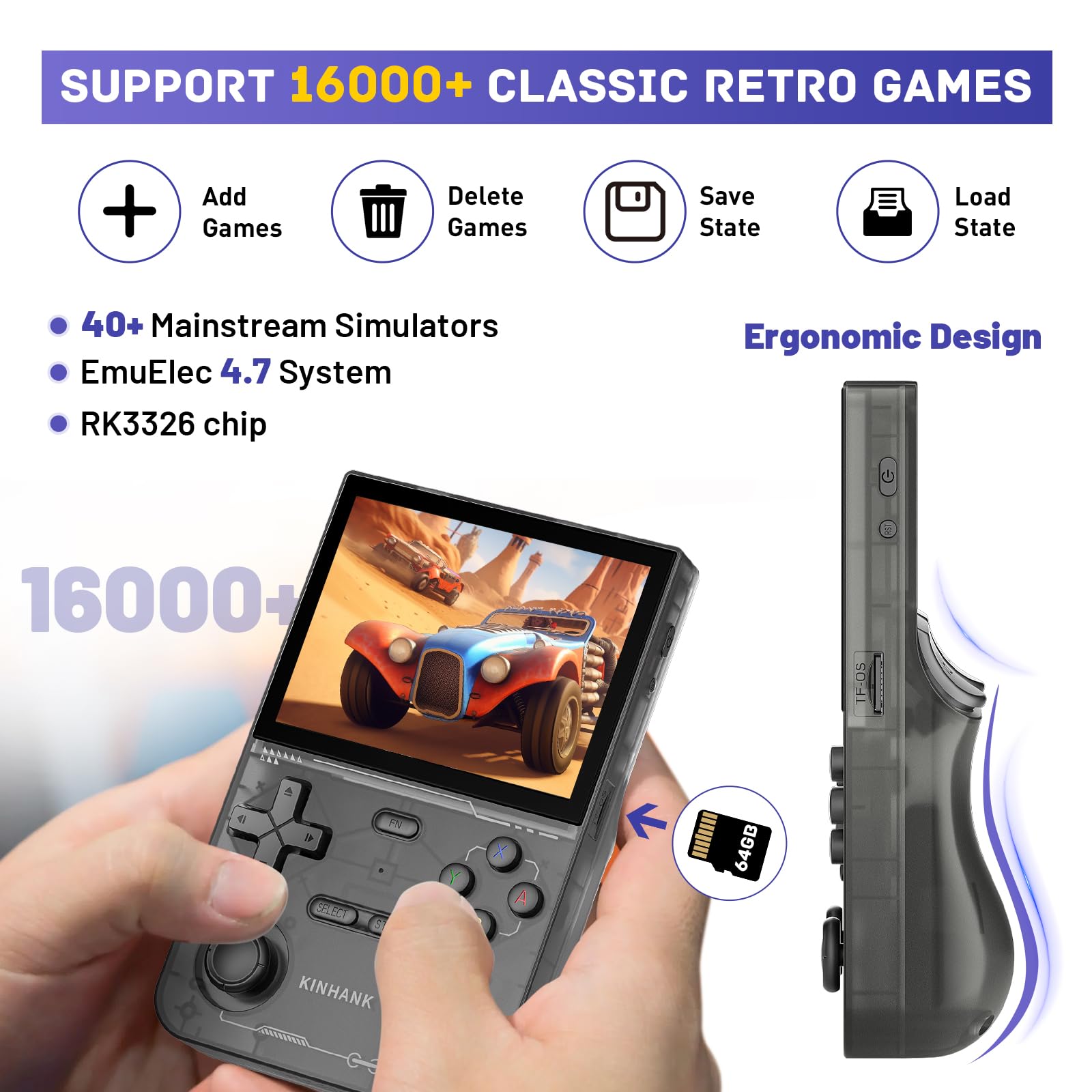Amazon | Kinhank K36 レトロハンドヘルドゲームコンソール 9000+ 