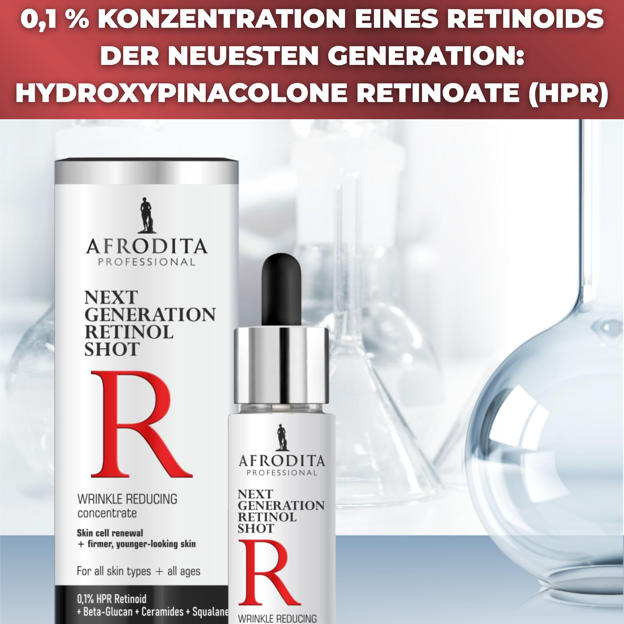Afrodita Professional Next Generation Retinol Shot Gesichtsserum 0,1% HPR Retinoid Anti-Falten Serum gegen Linien Poren & Pigmentflecken mit Ceramiden Beta-Glucan Squalan parfumfrei 30 ml