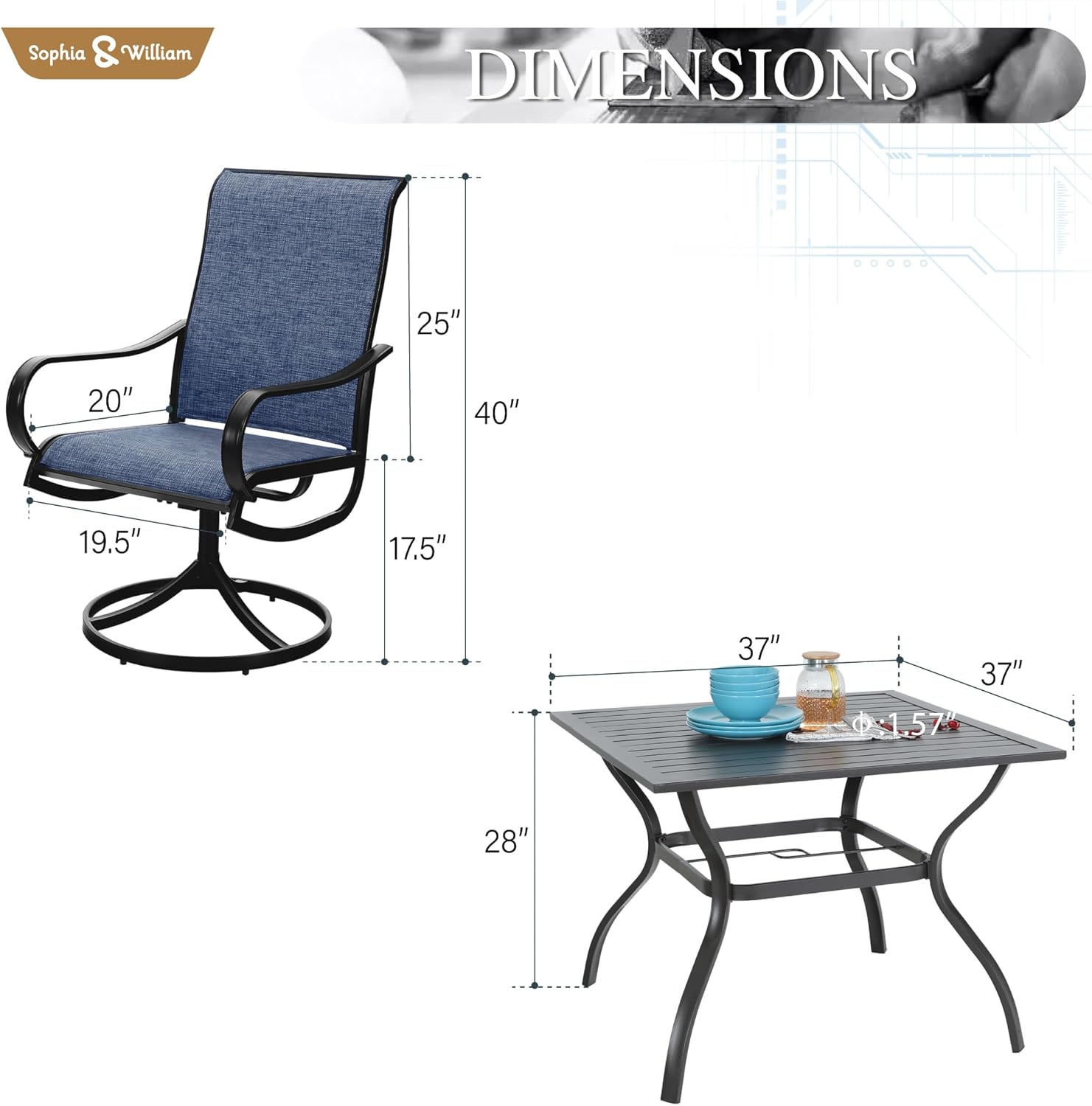 Sophia & William Outdoor Dining Set Patio Dining Set for 4 Outdoor Table and Chairs 5 Pieces with Swivel Patio Chairs 37"x 37" Metal Table for Garden Pool All Weather Blue