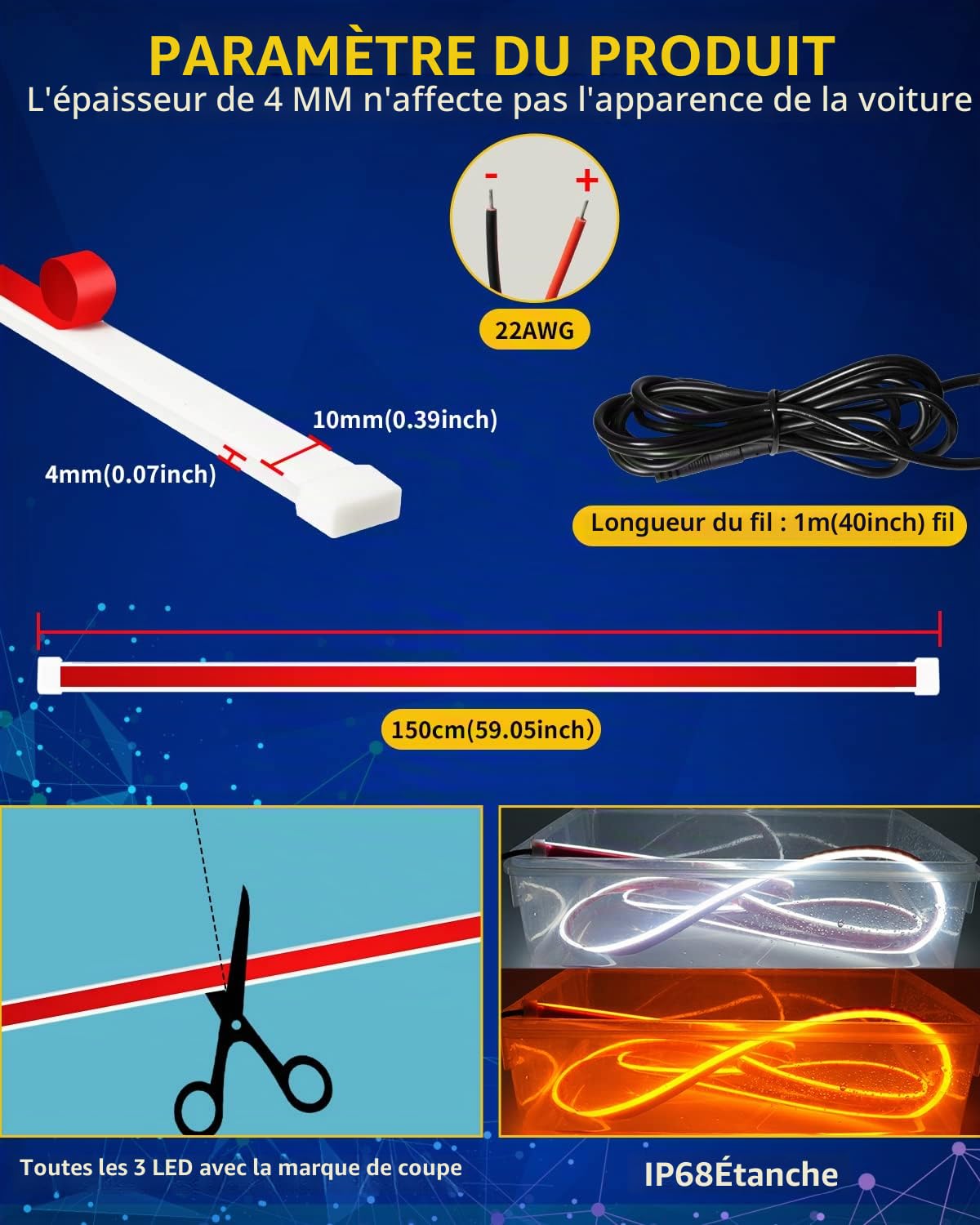 Bande lumineuse LED extérieure pour capot de voiture, double couleur, balayage dynamique, faisceau de démarrage, feux de circulation diurnes LED blancs et ambrés, clignotants séquentiels pour voitures