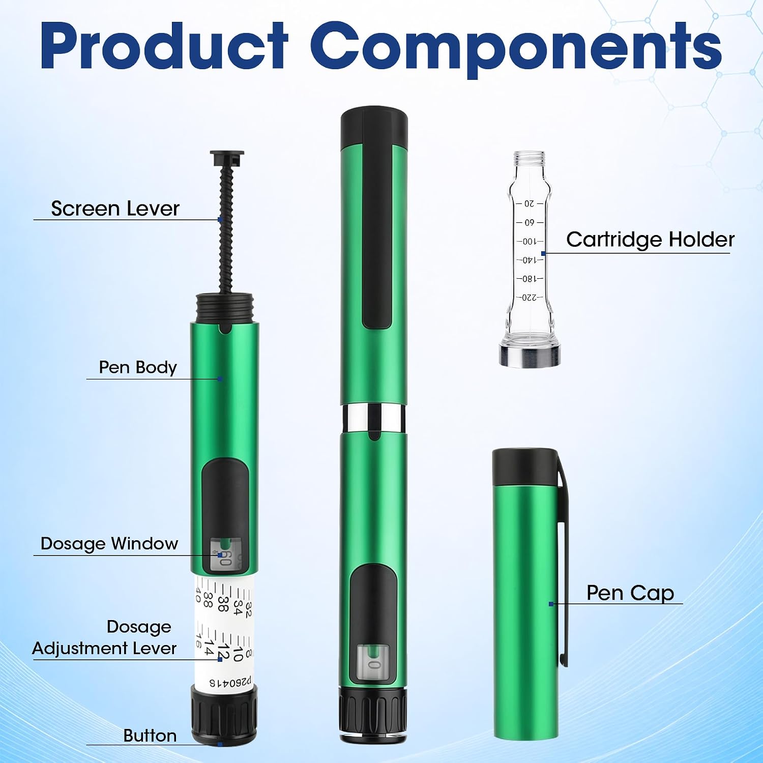 60 Unit Reusable Peptide Pen Injector, V1-V4 Injection Pens (Green)