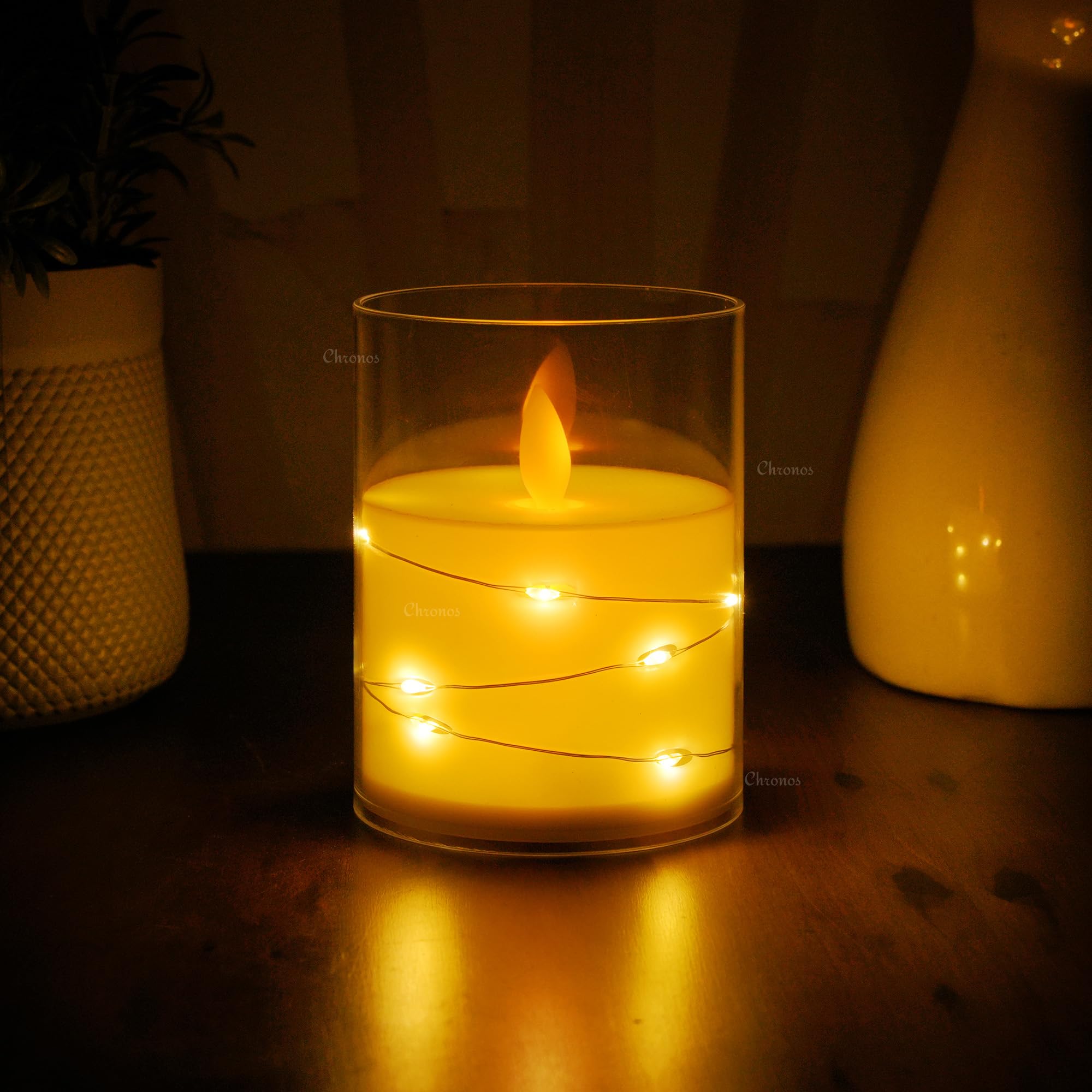 Chronos Acrylic Glass LED Moving Flame Pillar Candle with Fairy - Battery Operated, Flameless, Smokeless, Realistic Flickering, Warm White Light for Home Decor, Diwali, and Christmas (4Inch)-image-30