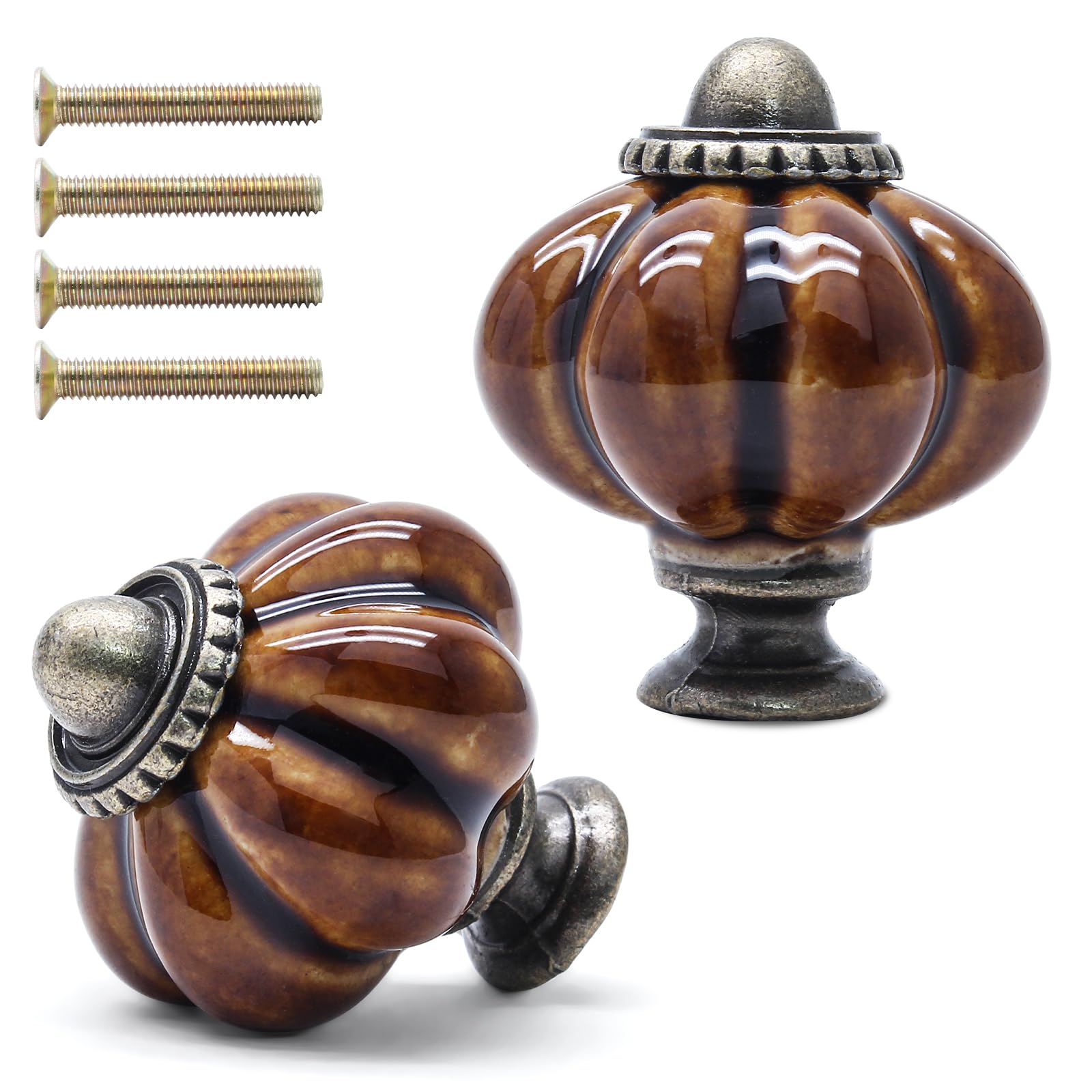 Confezione da 12 pomelli in ceramica marrone a forma di zucca, per armadietti, cassettiere, vintage, per mobili da toletta e armadio