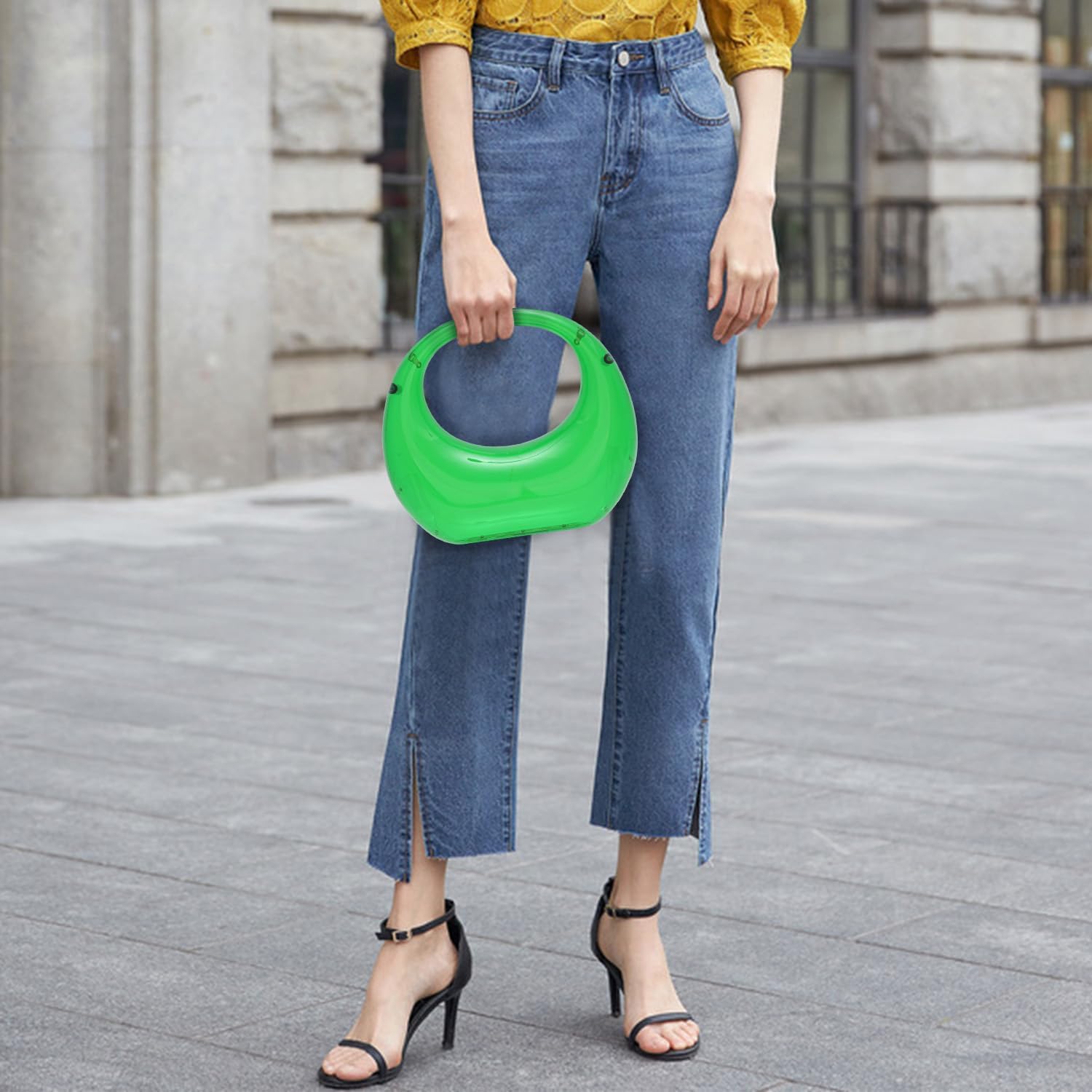 Oweisong Gold Acrylic Clutch Purse for Women Moon Hape Top Handle Handbag Colorful Clear Shoulder Evening Bag with Chain