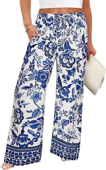 TIYOMI Plus Size Printed Palazzo Pants for Women 3X Blue & White Floral High Waisted Pants Drawstring Hawaiian Lounge Trousers with Pockets Beach Outfits for Women 3XL 22W 24W
