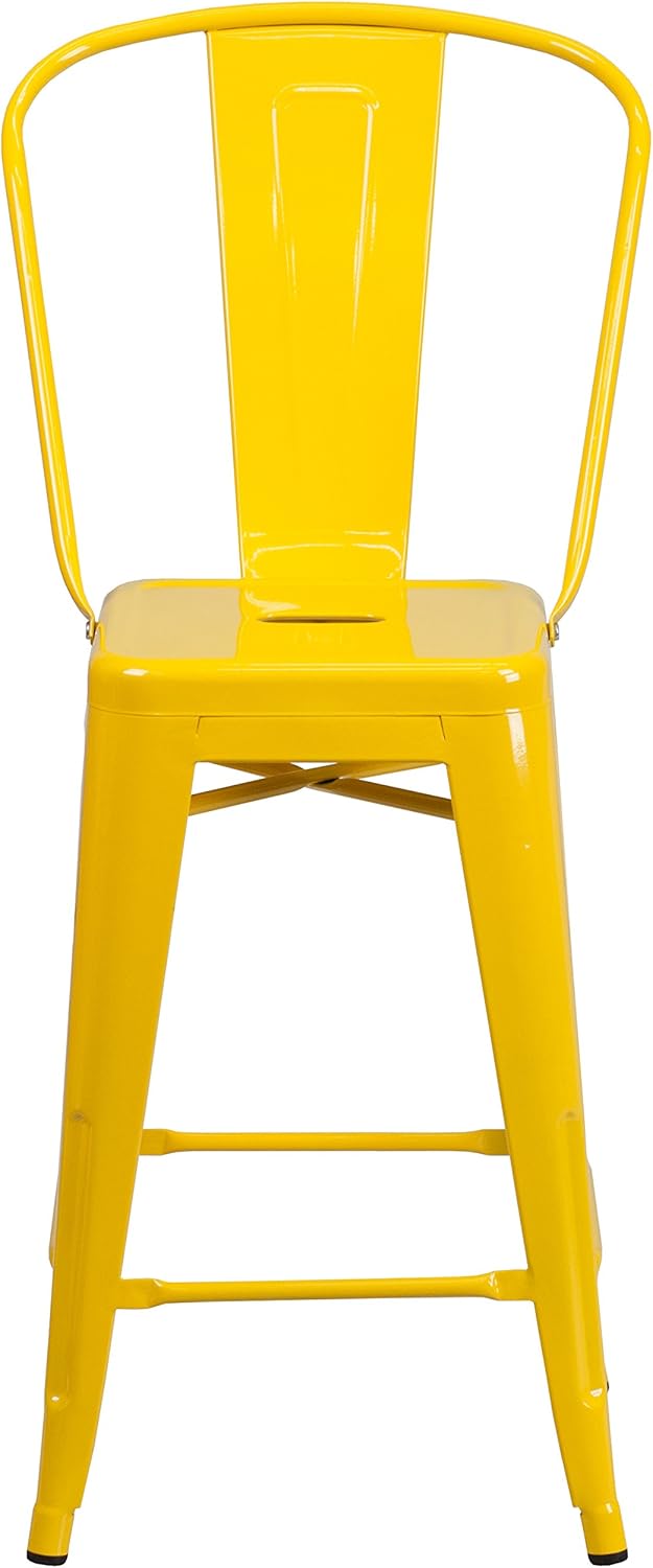 EMMA + OLIVER Commercial Grade 24" H Yellow Metal Indoor-Outdoor Counter Height Stool w/Back