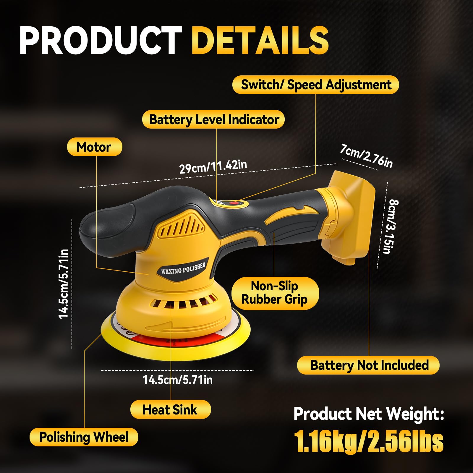 Pulidora de autos inalámbrica para Dewalt, sin escobillas de 6 pulgadas, pulidora orbital de 8 velocidades variables, 5500 RPM para detalles de autos encerado eliminación de rayones (sin batería)