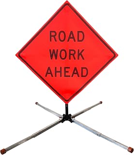OrangeGear® 36" x 36" MUTCD TTC Compliant Safety Orange Mesh Rollup Traffic Control Sign, Fiberglass Ribs & Aluminum Sign Stand Kit (Road Work Ahead)