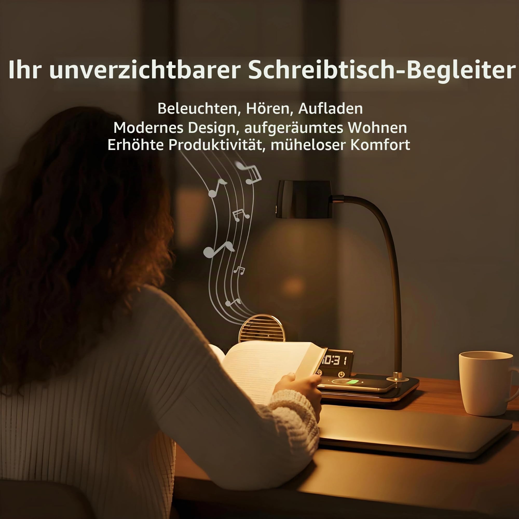 Schreibtischlampe LED mit Wireless Charger, Bluetooth, Uhr | 4-in-1 Bürolampe mit 15W Fast Ladefunktion, 3 Farbmodi, 360° Schwanenhals, für Home Office, Nachttisch