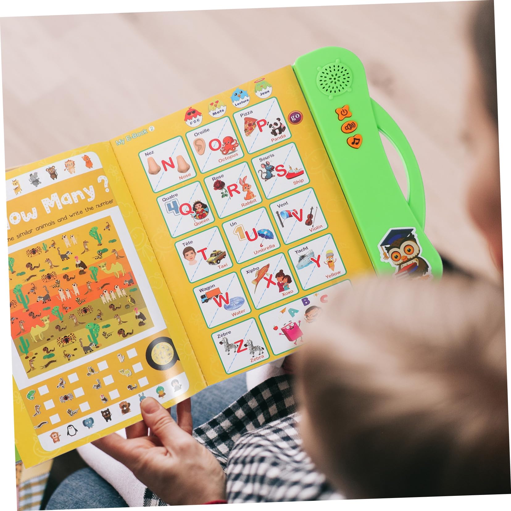 ifundom Libro Interactivo Electrónico Bilingüe Francés E Inglés para Preescolares, Juguete Educativo Sonido, 1 Pieza Color Verde, Aprendizaje de Lectura y Desarrollo de Habilidades 3 a 5