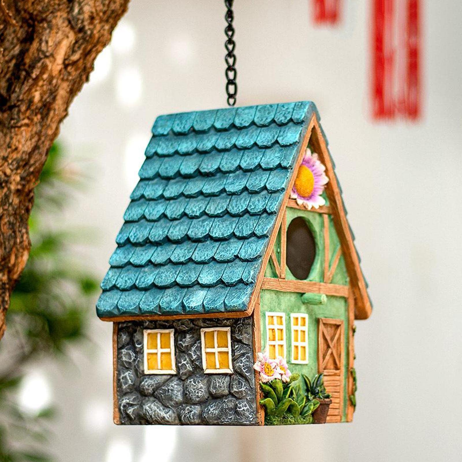 Casetta per Uccelli Uccellini Appesa Giardino Decorazione in Resina Stile Rustico con Lavorazione Adatta per Giardino Esterno Regalo