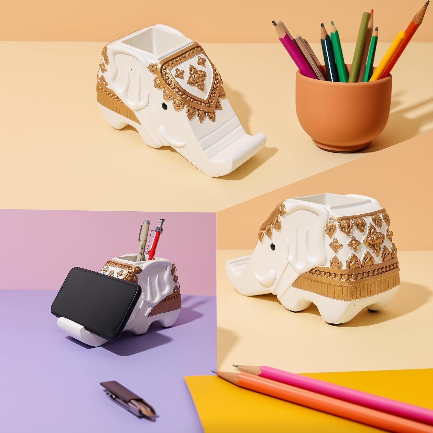 Elephant Phone Stand and Desk Organizer – Multi-Purpose Ceramic Holder for Smartphone, Pens, Remote, Home Office or Living Room Decor, Decorative Thai Elephant Design, Elegant Gift Idea for Any Room.