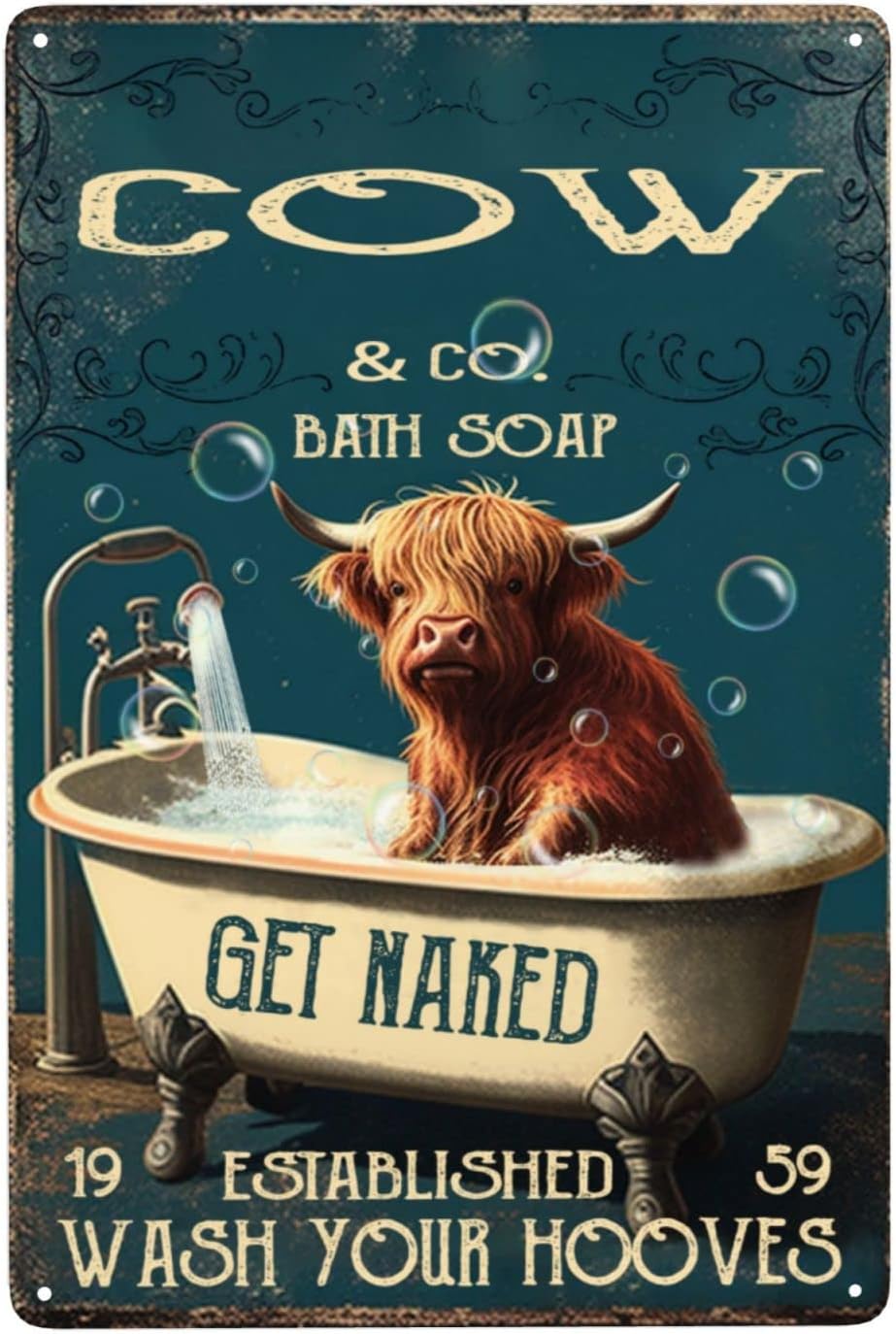 Highland Cattle, Bath Soap, Wash Your Hooves, Get Naked Metal Signs Vintage Barn Bathtub Highland Cow Bathroom Decor Soggy Tin Sign Retro Garage Decoration Bedroom Boho Wall Art Decor 8" X 12"