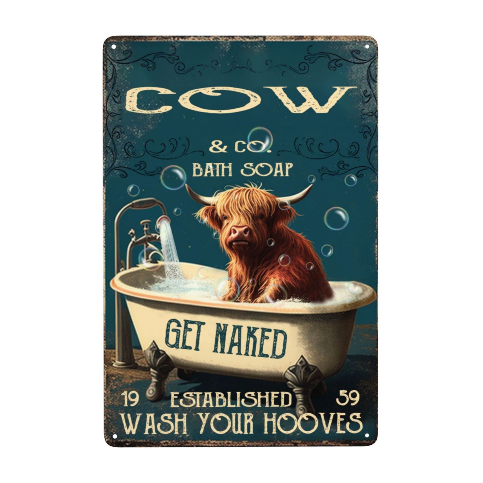 Highland Cattle, Bath Soap, Wash Your Hooves, Get Naked Metal Signs Vintage Barn Bathtub Highland Cow Bathroom Decor Soggy Tin Sign Retro Garage Decoration Bedroom Boho Wall Art Decor 8" X 12"