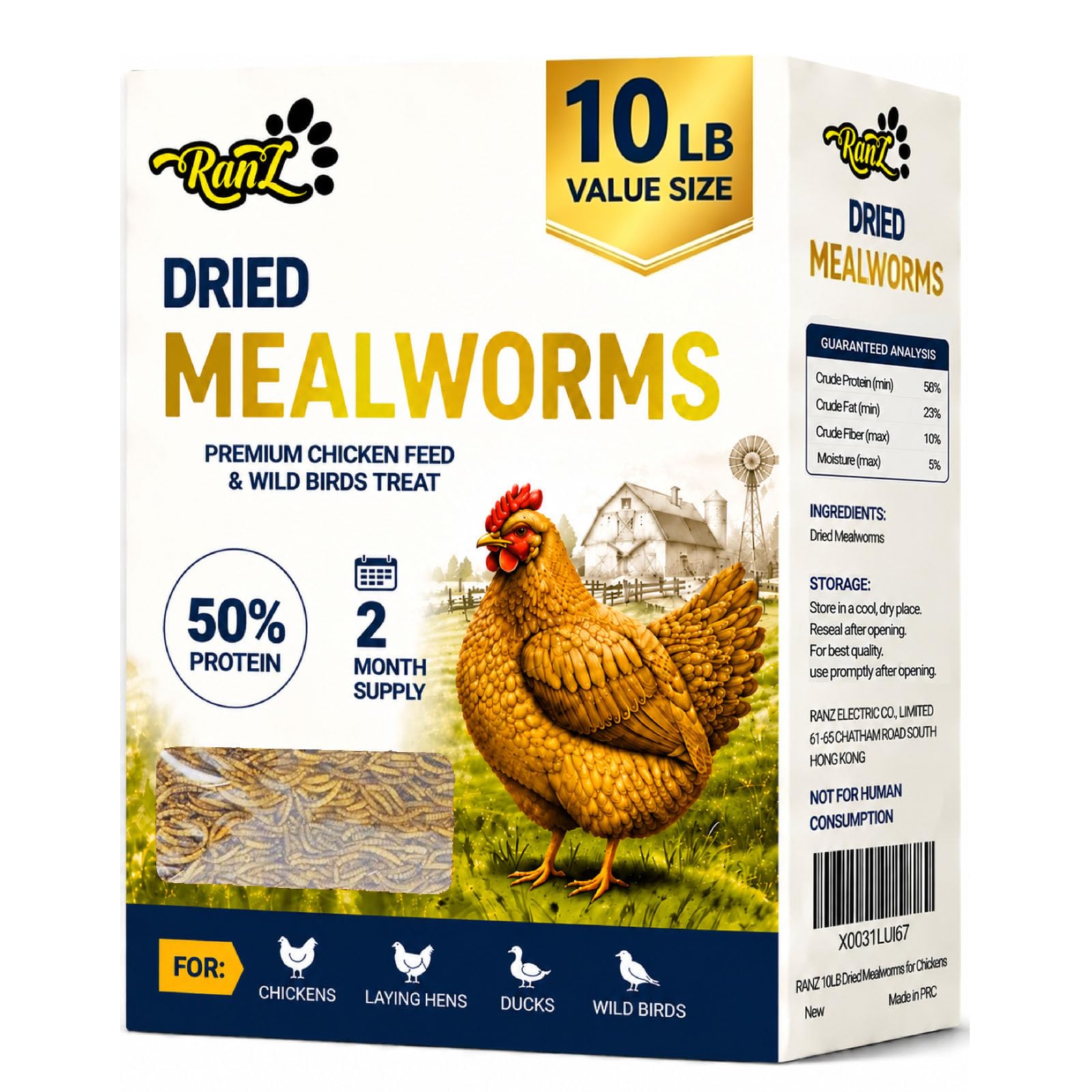 RANZ 10LB Dried Mealworms Bulk Bag for Chickens &amp; Wild Birds, Chicken Food