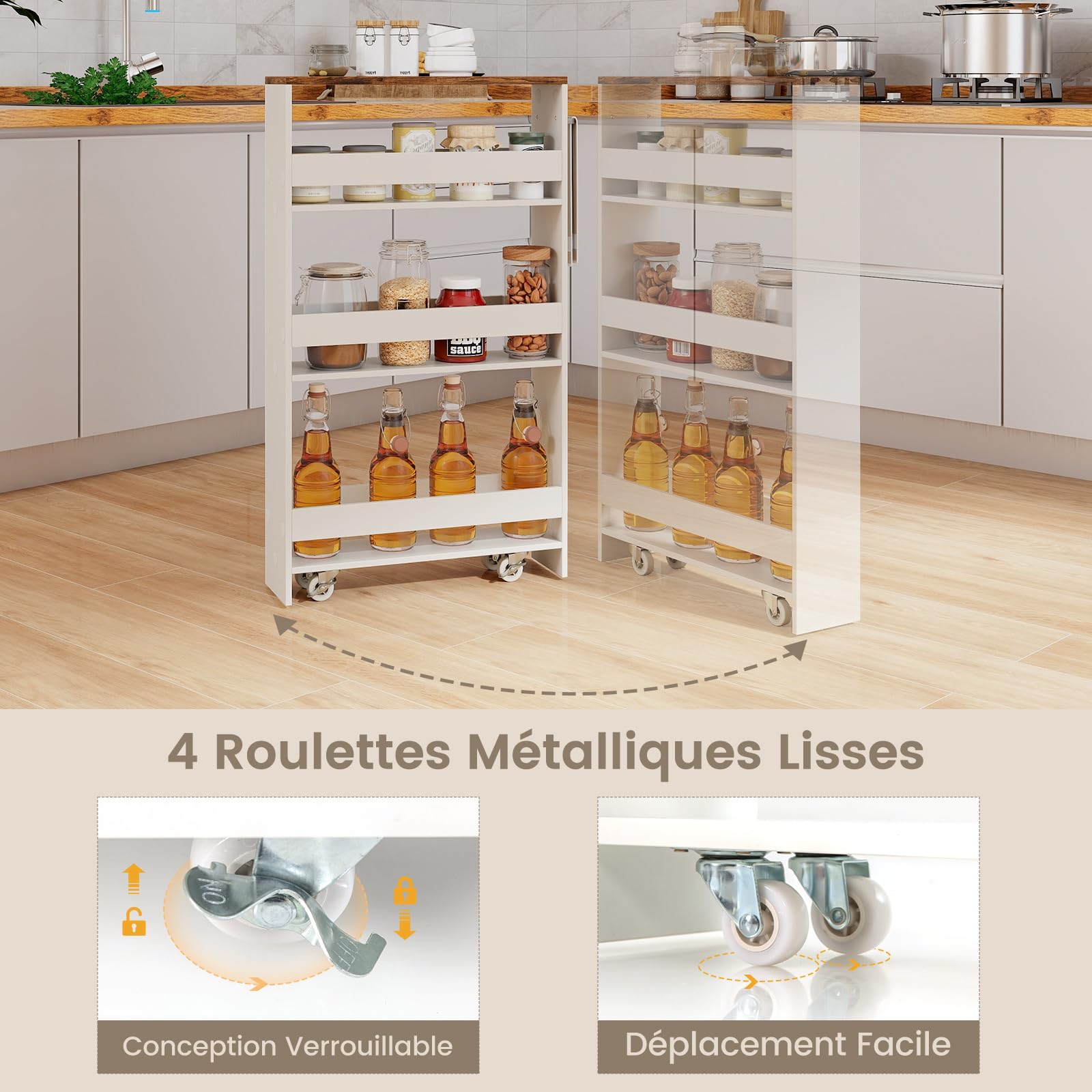 COSTWAY Chariot de Rangement 13 cm à roulettes, Desserte de Cuisine Etroit à 4 Niveaux avec Poignée Latérale et Roues Universelles avec Freins, Design Étroit pour Petit Espace (Blanc + Indstriel)