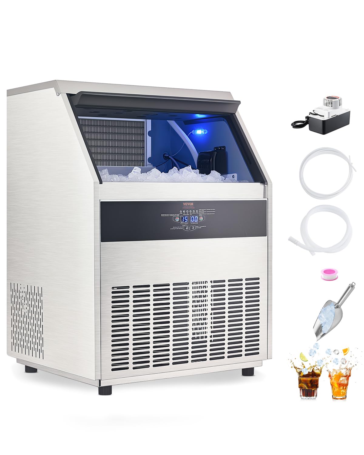 VEVOR 360lbs/24H Commercial Ice Maker Machine with Drain Pump, 88lbs Storage Capacity Ice Maker, 160 Ice Cubes in 15 Minutes, LED Digital Display Freestanding Self-Cleaning for Bar Office Restaurant