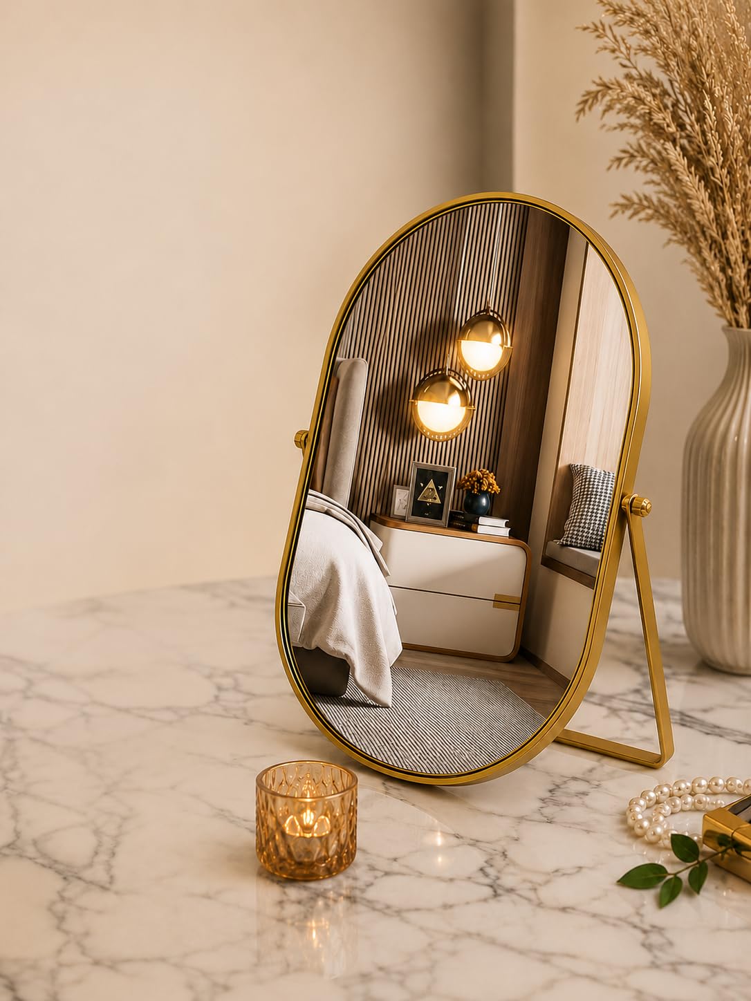 CHIBRO One-Sided Metal Tabletop Makeup Mirror | 360° Rotating Round Mirror with Stable Base | Dressing Table Vanity Mirror for Women (Luxe Oval Mirror)-image-27