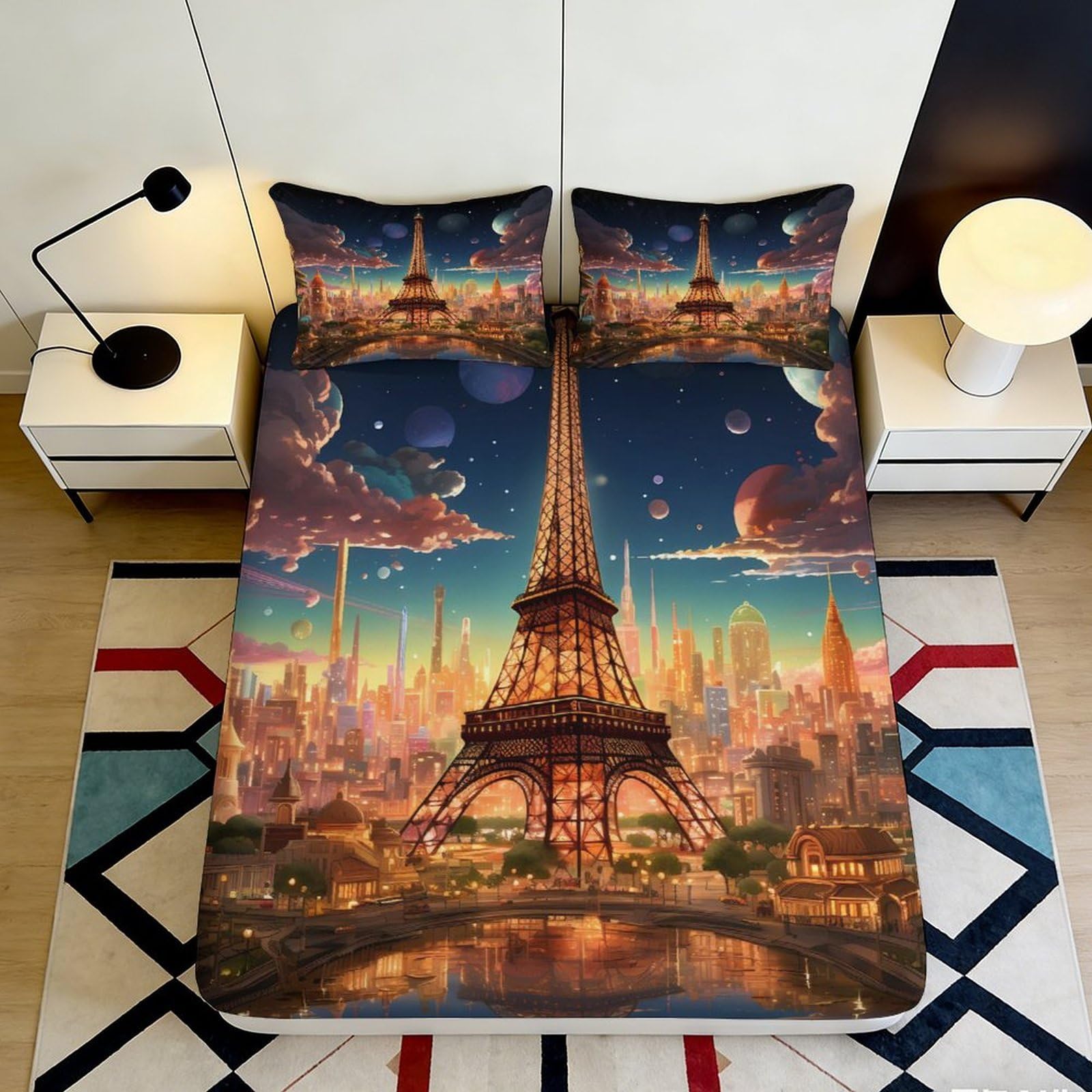 3D Printed Paris Skyline Fitted Sheet Microfiber Soft Breathable Eiffel Tower Mattress Cover for Bedroom Decor 90x200x25cm