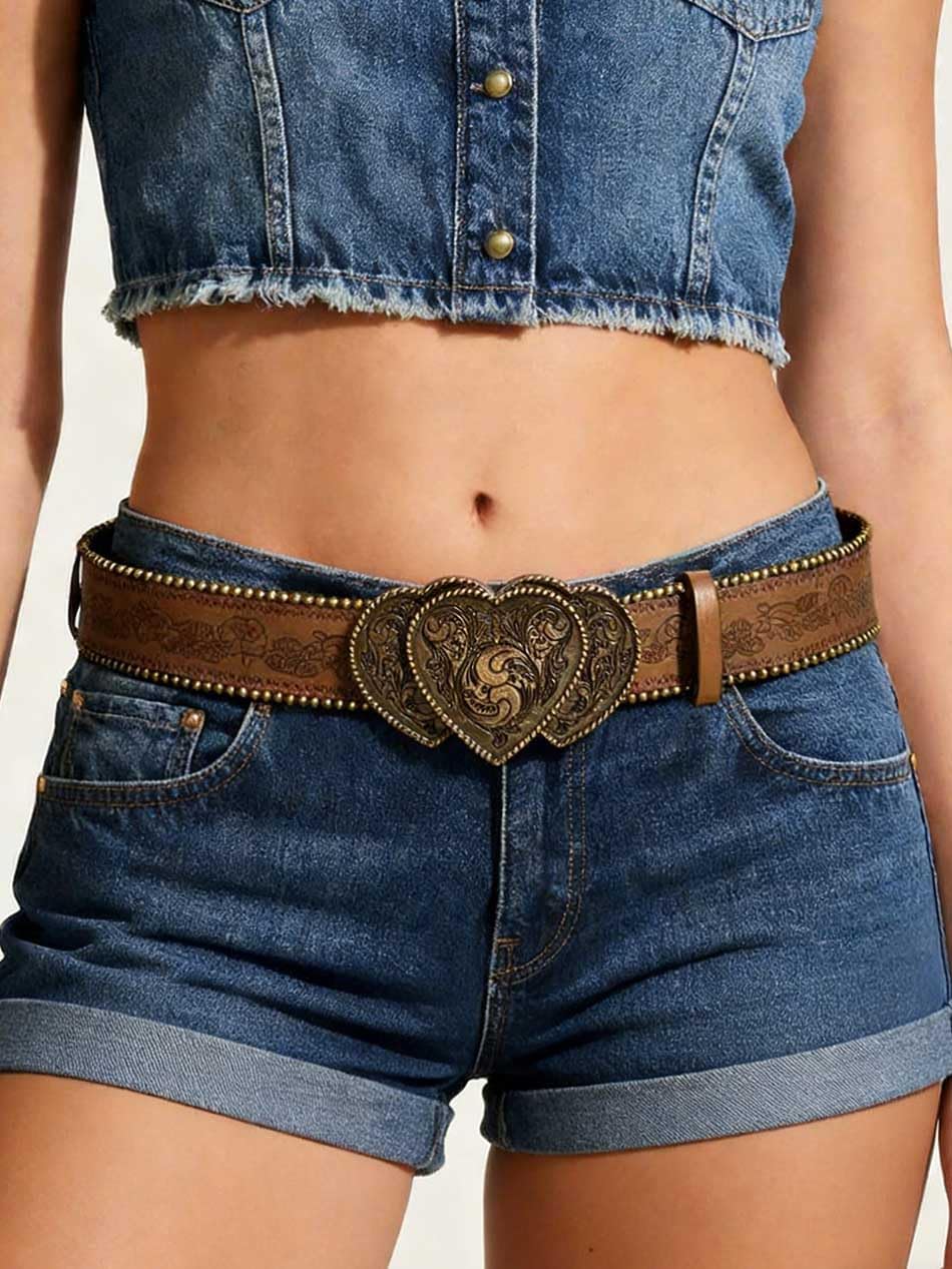 Women Western Belt with Heart Embossed Buckle Vintage Brown Belt for Jeans Pant Dress Cowgirl Cowboy Belts - Image 2