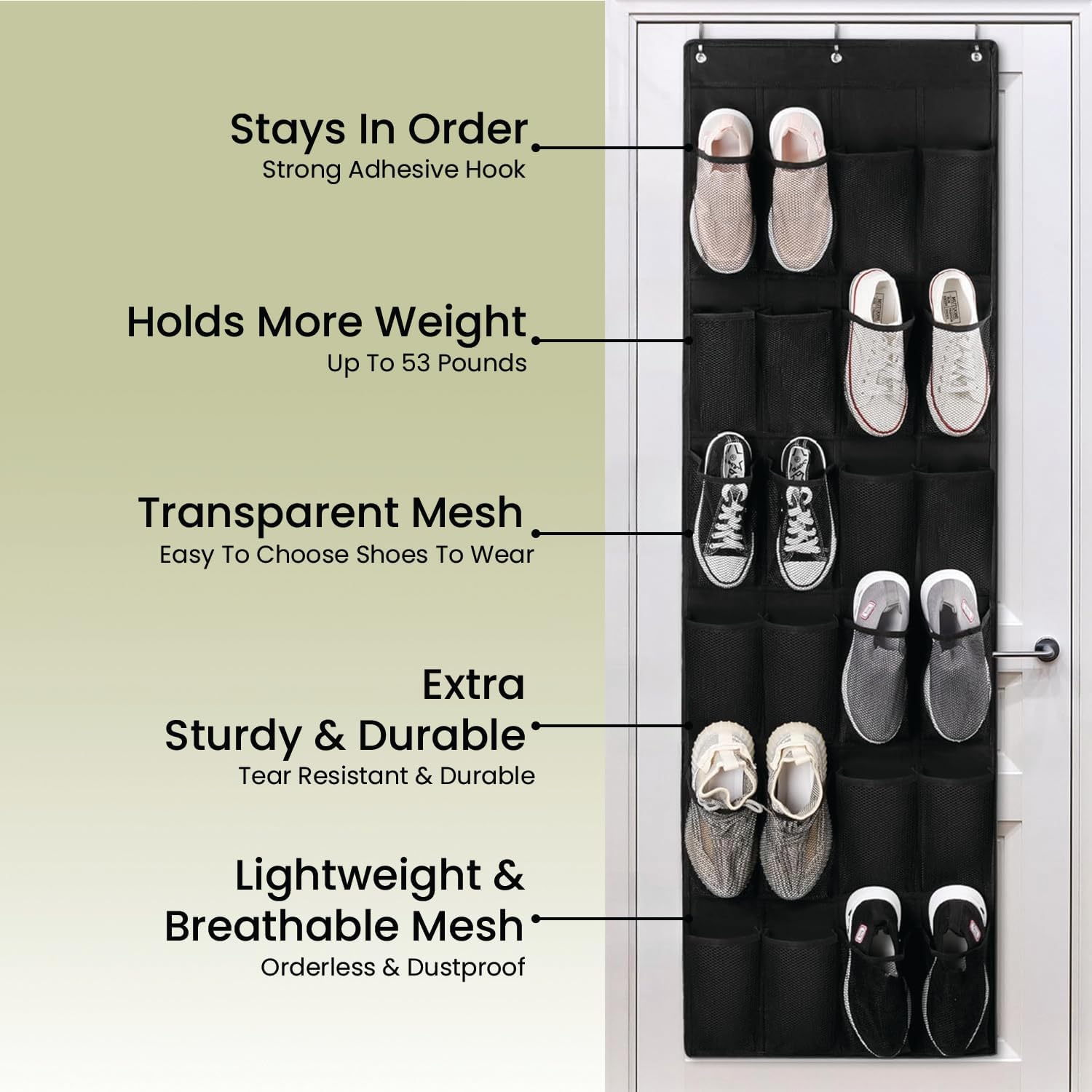 VIMALIFE Over the Door Shoe Organizer with 24 Large clear Mesh Pockets, Space Saving Shoe Holder with Metal Hooks, Hanging Rack for Closet & Door Storage, Pantry Organizer, Home Accessories