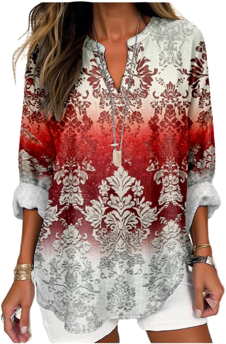 Floral Tops for Women V Neck Long Sleeve Plus Size 2025 Spring Cute Casual Elegant Resort Flowy Ladies Tee Shirts