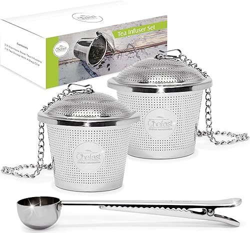 Infusor de té para té suelto, juego de 2 tazas grandes y cucharadas con clip para bolsa, coladores de té reutilizables, más empinados para té