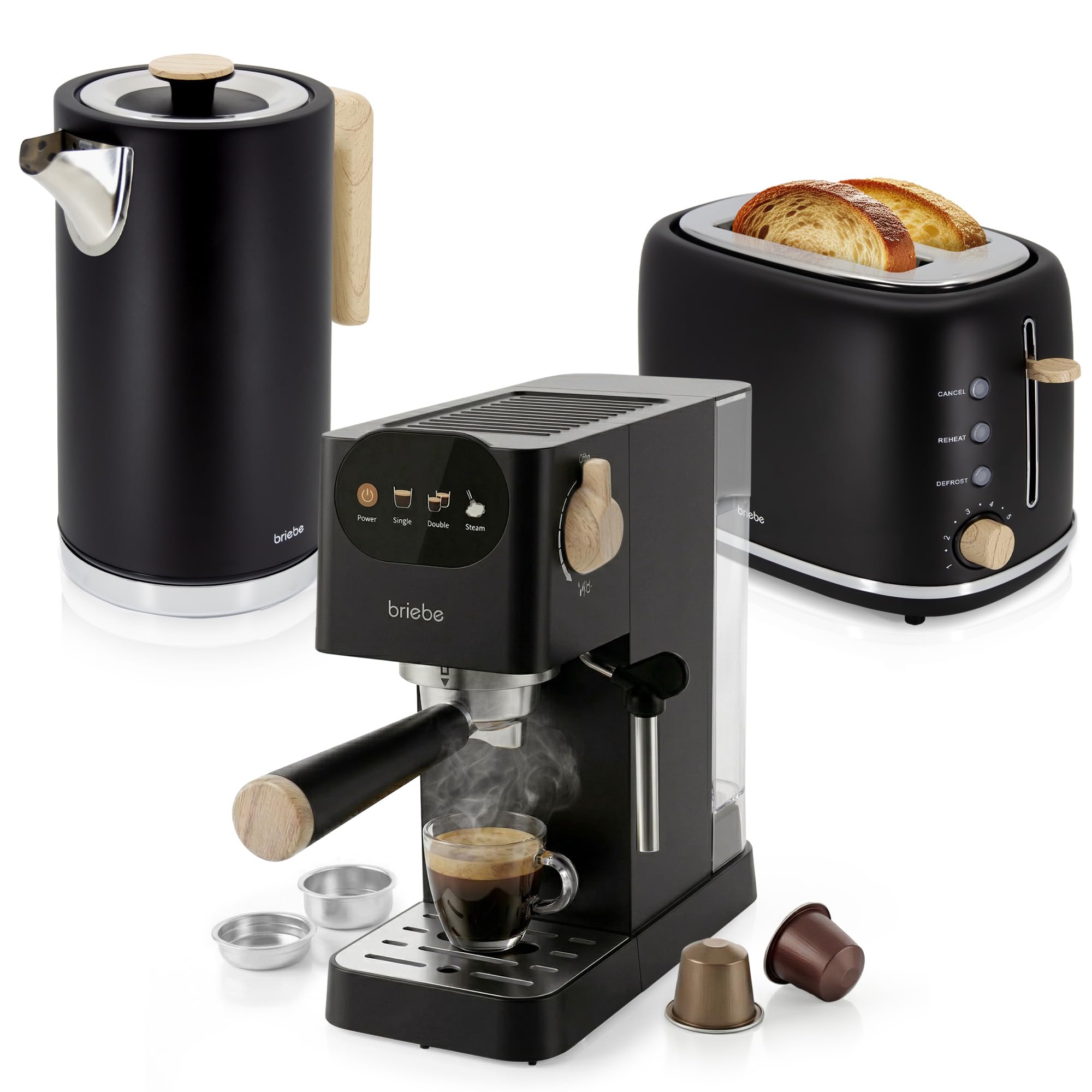 briebe Nordic Macchina Caffè Espresso 20 Bar per Capsule e Caffè Macinato + Bollitore Elettrico 1,7L Cordless, 2200 W + Tostapane a Fessura Larga a 2 Fette Set Colazione Design Nordique (Nero)