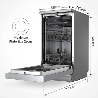 Baridi Slimline Freestanding Dishwasher, 45cm Wide with 10 Place Settings, 8 Programs & 5 Functions, LED Display, Silver - DH166 [Energy Class D]