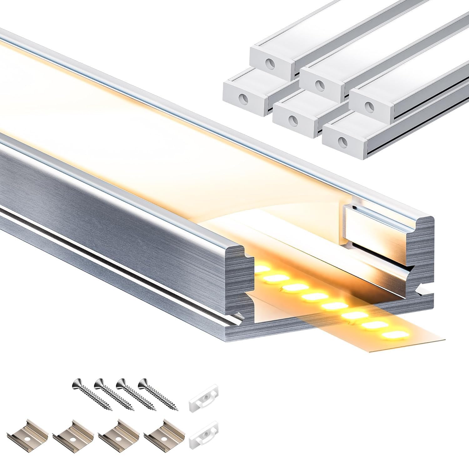 Perfil aluminio tira led 6 x 2m, perfil led de aluminio con perfil tira led y difusor LED, incluye 6 tapas difusoras blancas, 12 tapas de extremo y 24 clips para tiras LED，Para iluminación indirecta