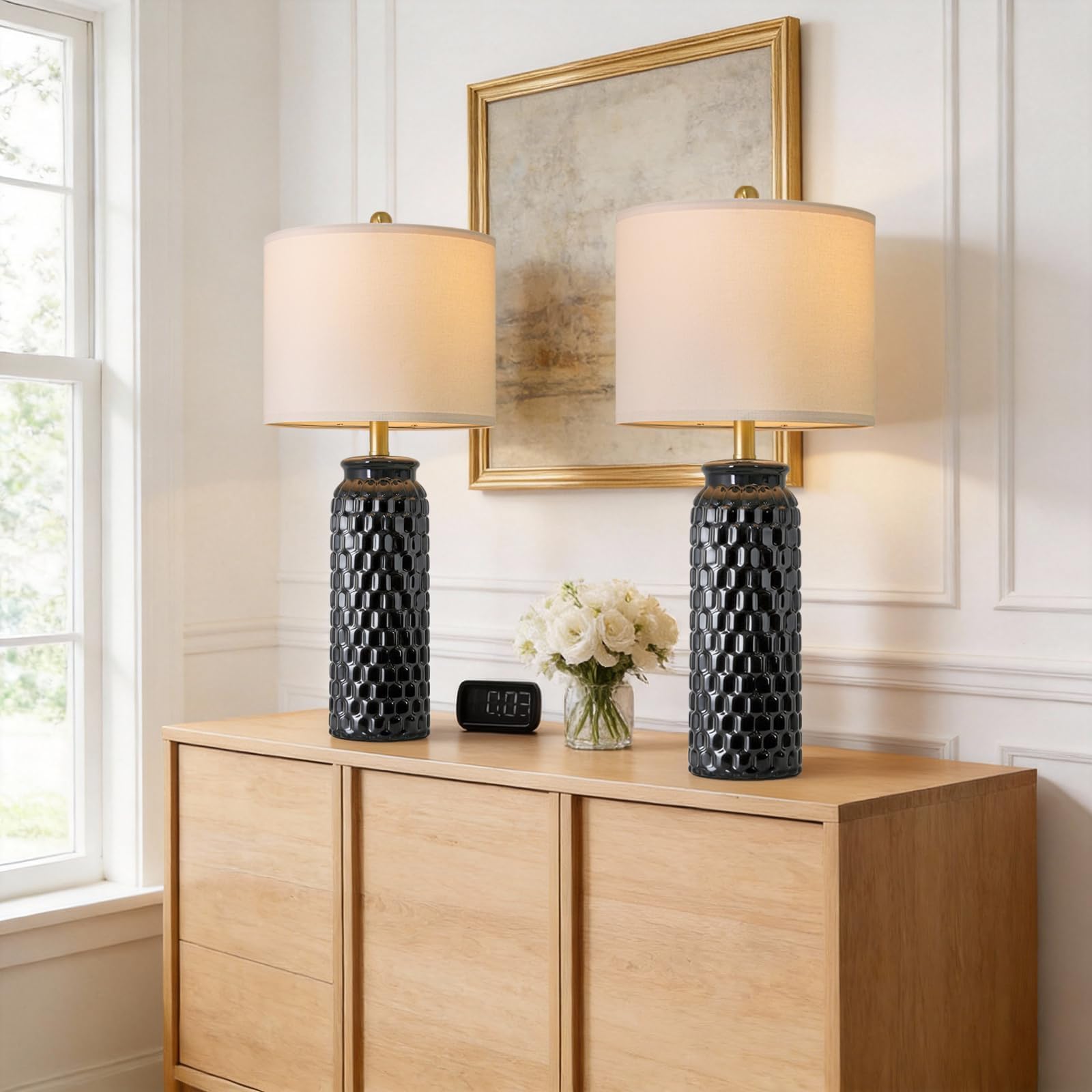 USumkky 27" Ceramic Table Lamps Set of 2 - Modern Farmhouse & Boho Style, Bedside Nightstand Lamps for Bedroom, Living Room End Table Lamps, Small Desk Lamp(Black)