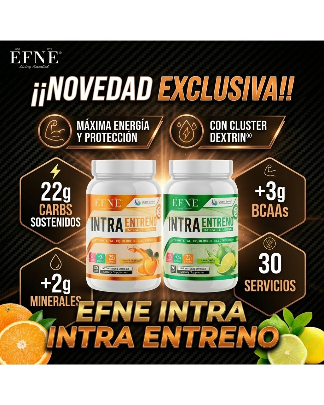 EFNE Intra Entreno Premium 1,05kg Sabor Lima-Limón | Cluster Dextrin + BCAA + Citrulina + Electrolitos | Bebida Intra Workout para Energía Sostenida, Hidratación y Recuperación Muscular | Sin Cafeína