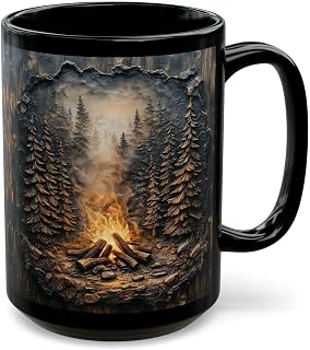 Cozy Rustic Campfire Coffee Mug with Moody Pine Tree Art, Ceramic Camping Theme Design, Cabin Decor, Dark Forest Painting, Ideal Dark Academia