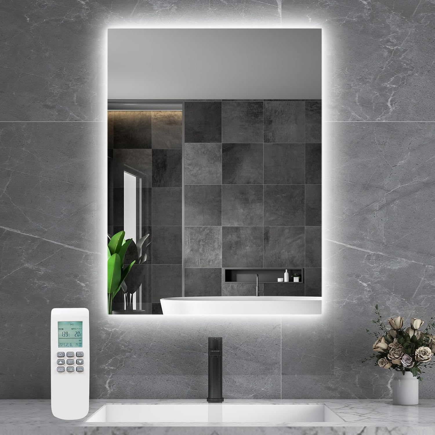 Infrarotheizung Spiegel mit Thermostat 450 Watt - Spiegelheizung Infrarot mit LED Beleuchtung Licht - Infrarot Wandheizung mit Fernbedienung Elektroheizung - Badspiegel 80x60 CM Badezimmerspiegel