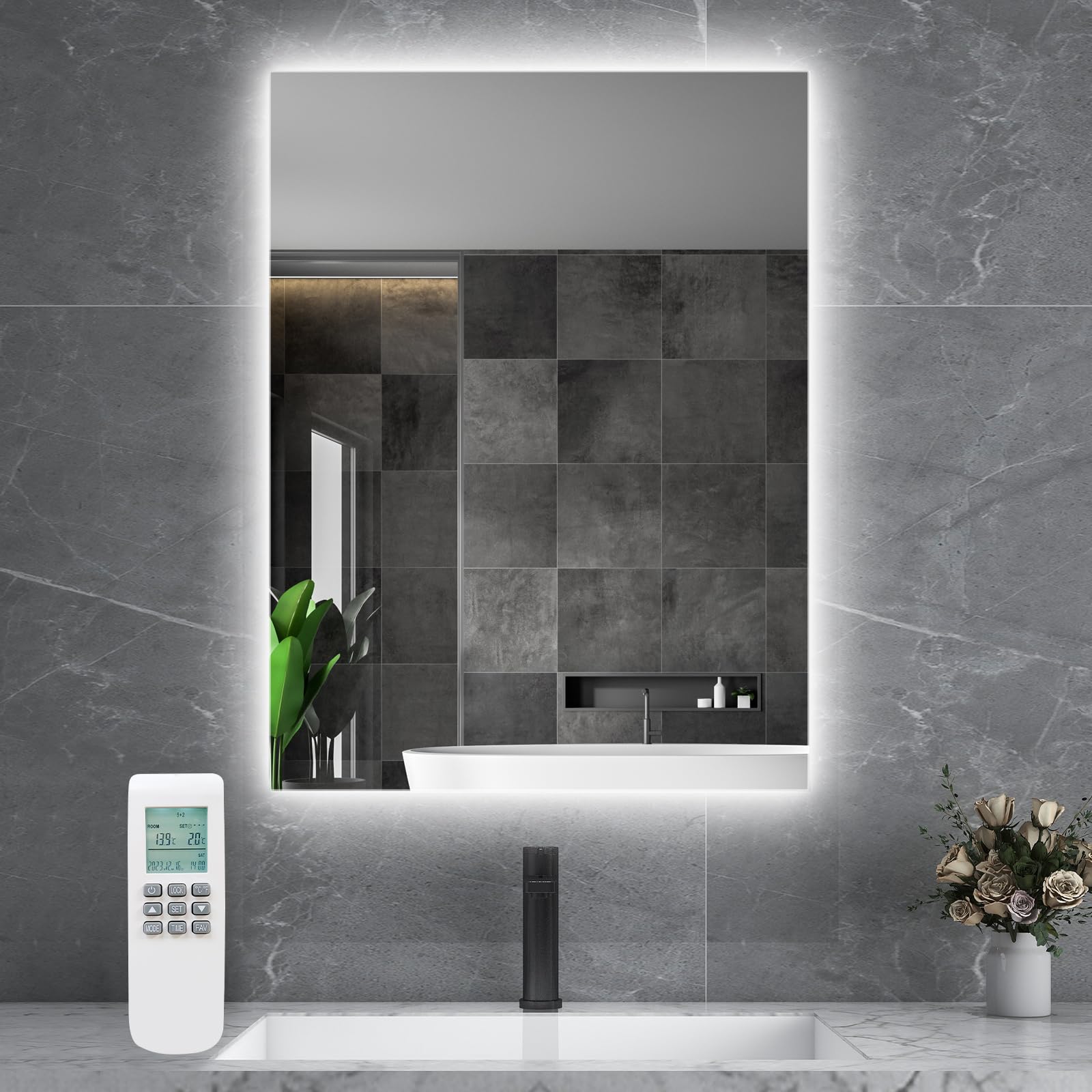 byecold Riscaldatore a infrarossi per specchio con termostato, 450 watt - Riscaldatore a infrarossi per specchio con illuminazione a LED - Specchio da bagno, 80x60 cm