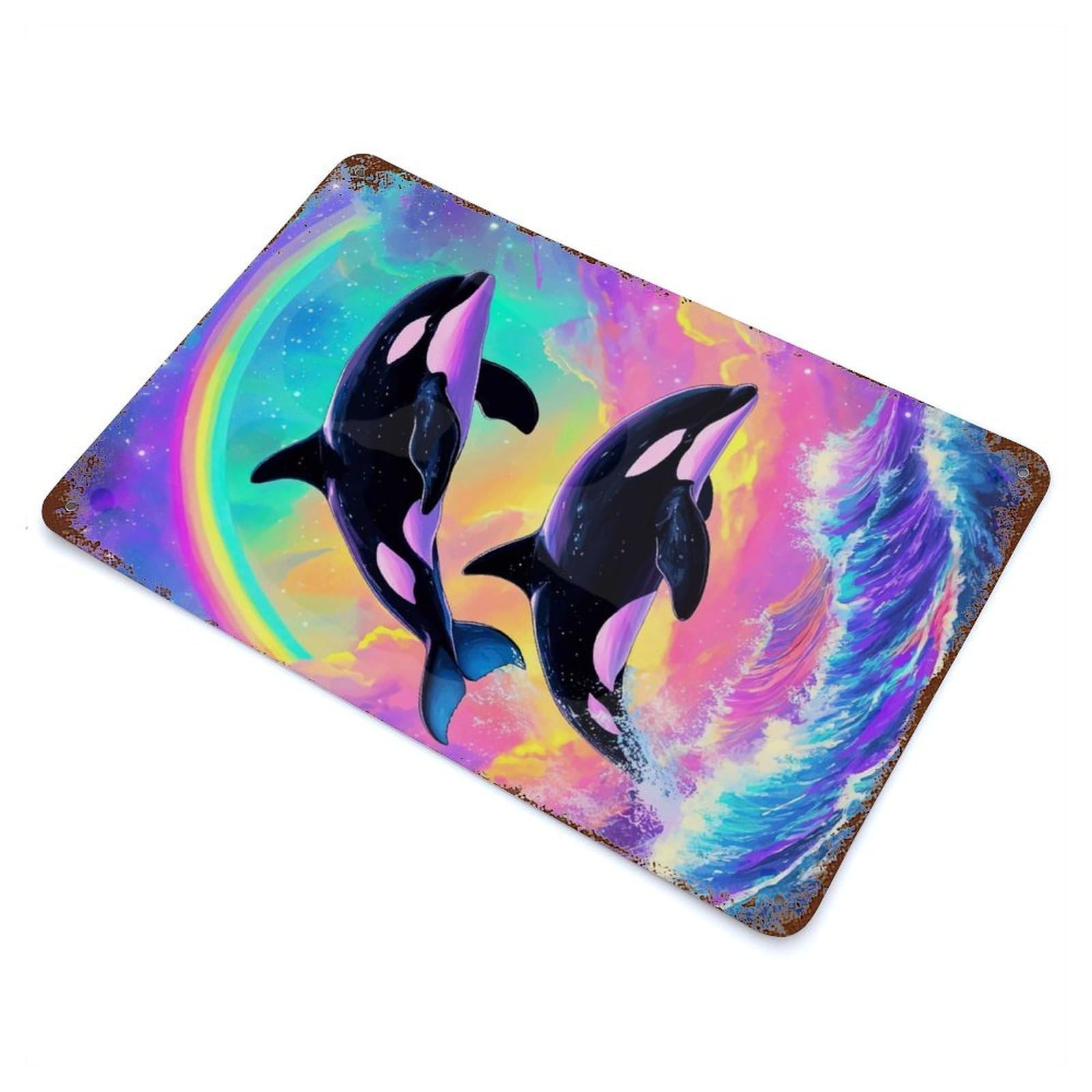 Rust Effect Orcas Rainbow Watercolor Vintage Rust Metal Sign 11.8"x7.9", Classic Wall Plaque for Shed, Workshop And Garage Wall Decor