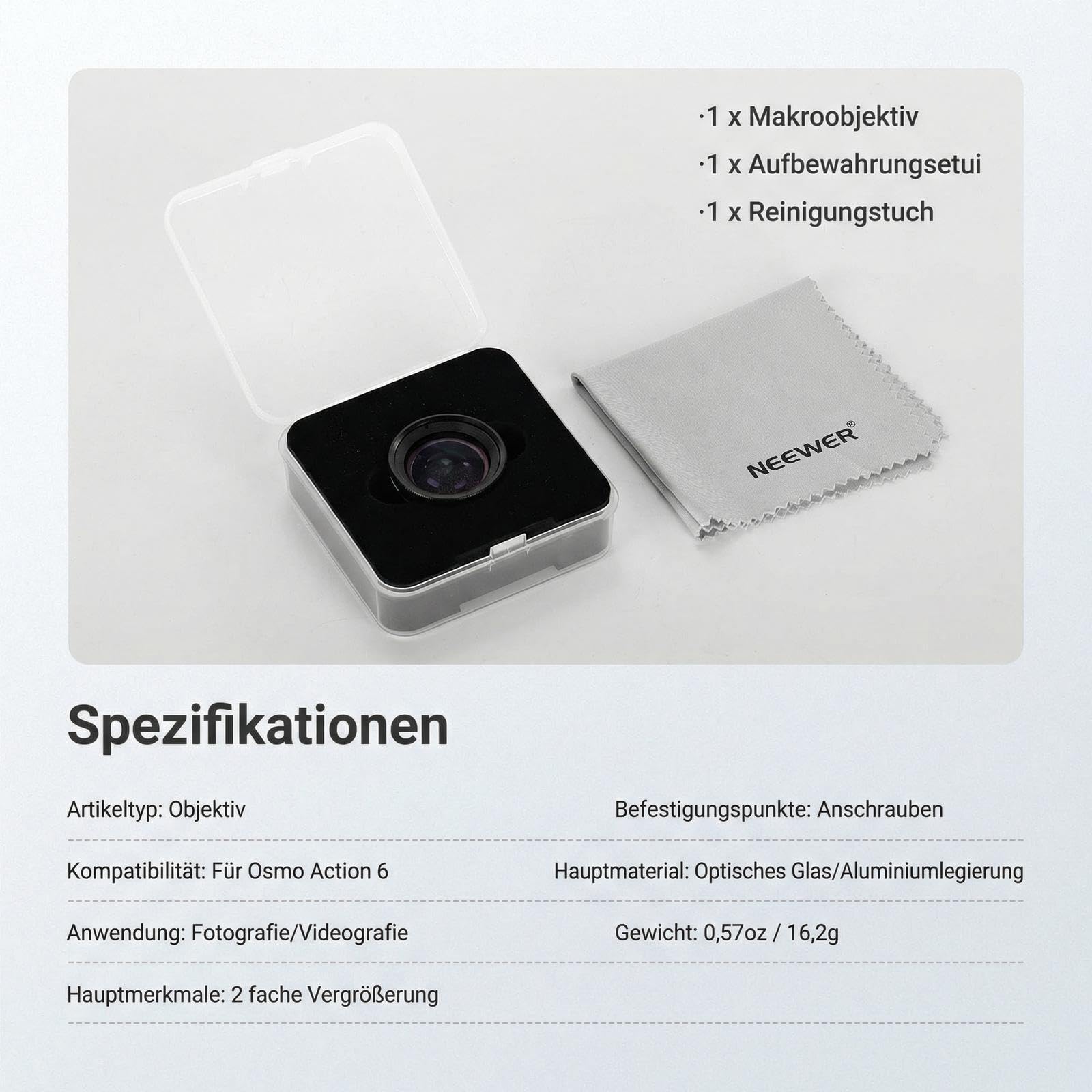 NEEWER Makroobjektiv kompatibel mit DJI Osmo Action 6 nur, Zubehör für Action Kameras zur Nahaufnahmetechnik mit 2XVergrößerung, 2 Elemente, 1 Gruppe, Fokusbereich 2–3cm, LS010