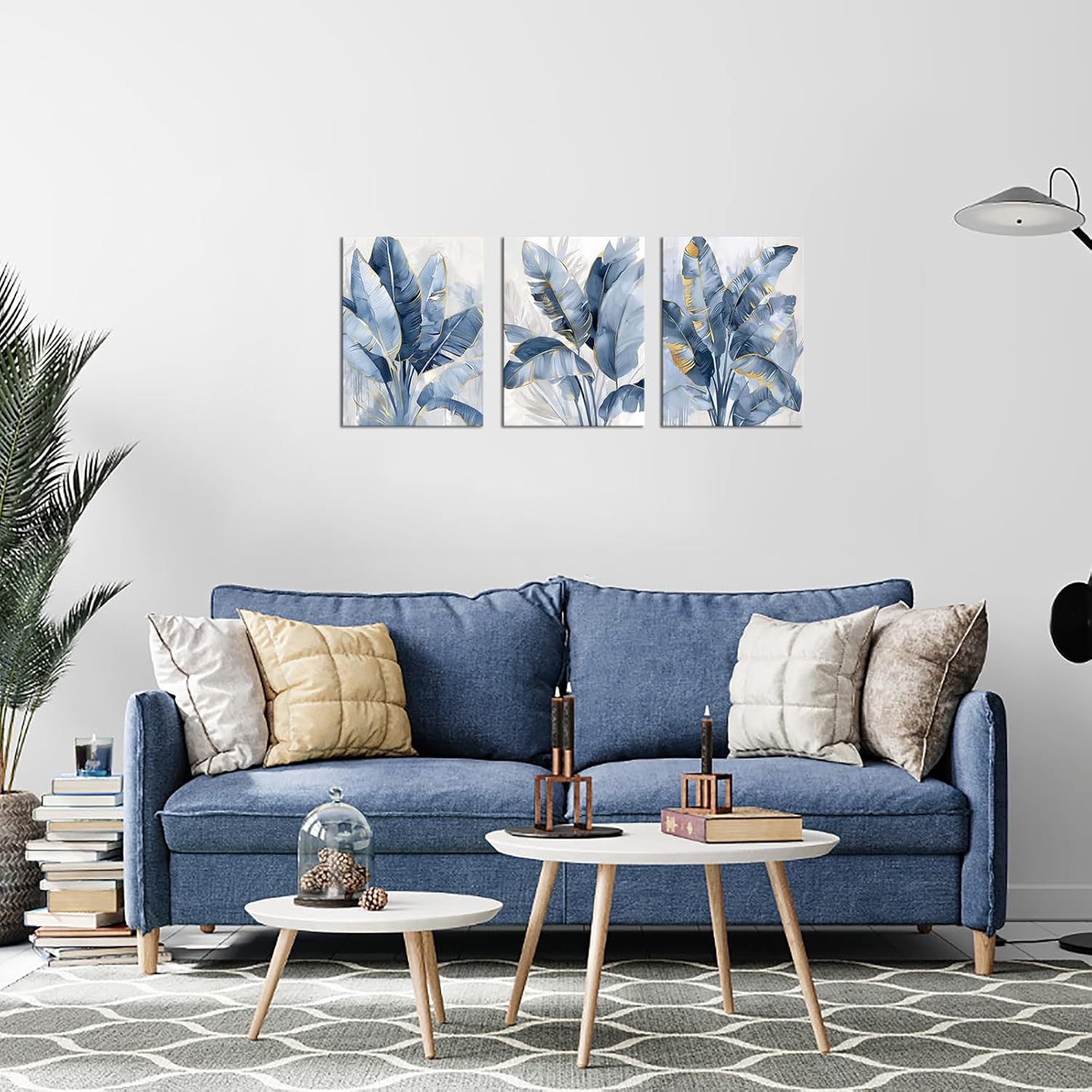 ChaudArt 3 Pieces Blue Banana Leaf Art Print Home Decor Pictures Poster for Bedroom Living Room Bathroom Office With Framed Ready to Hang