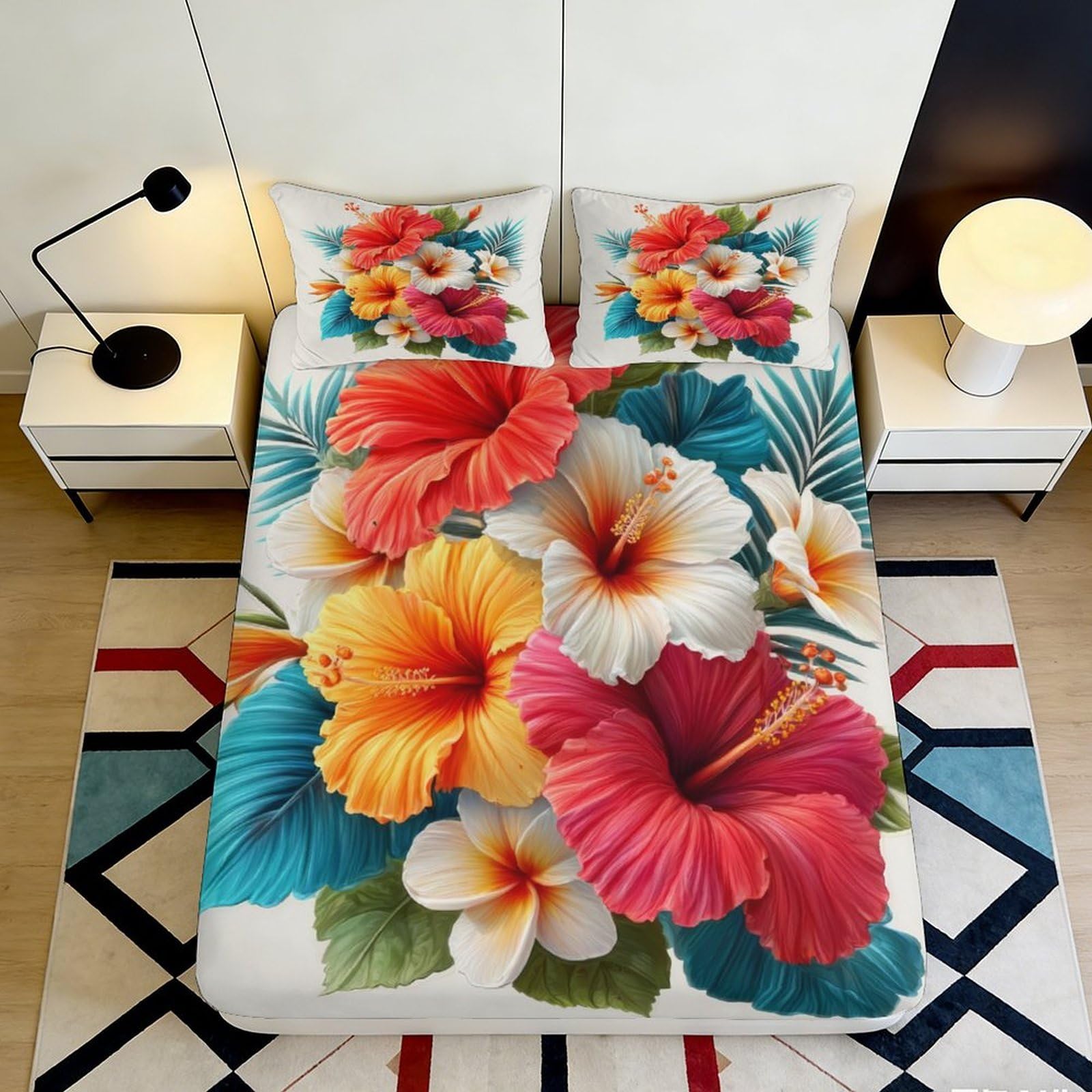 Pnayamiorkfel Style-3 3D Printed Tropical Hibiscus Fitted Sheet Microfiber Soft Colorful Floral Mattress Cover For Bedroom Living Room Decor 90X200x25cm