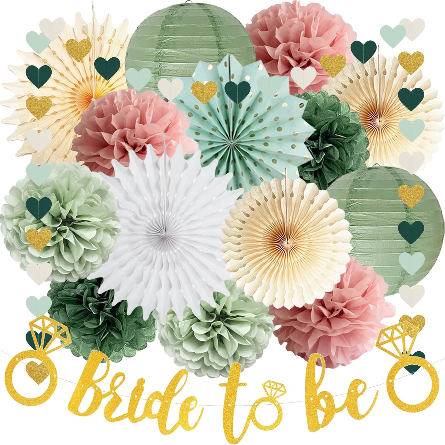 Sage Green Dusty Pink Bachelorette Party Decorations Bride to Be Party Decoration Sage Pink Tissue Pom Poms Paper Lanterns Beige Paper Fans for Wedding Bridal Shower Bachelorette Party Decoration